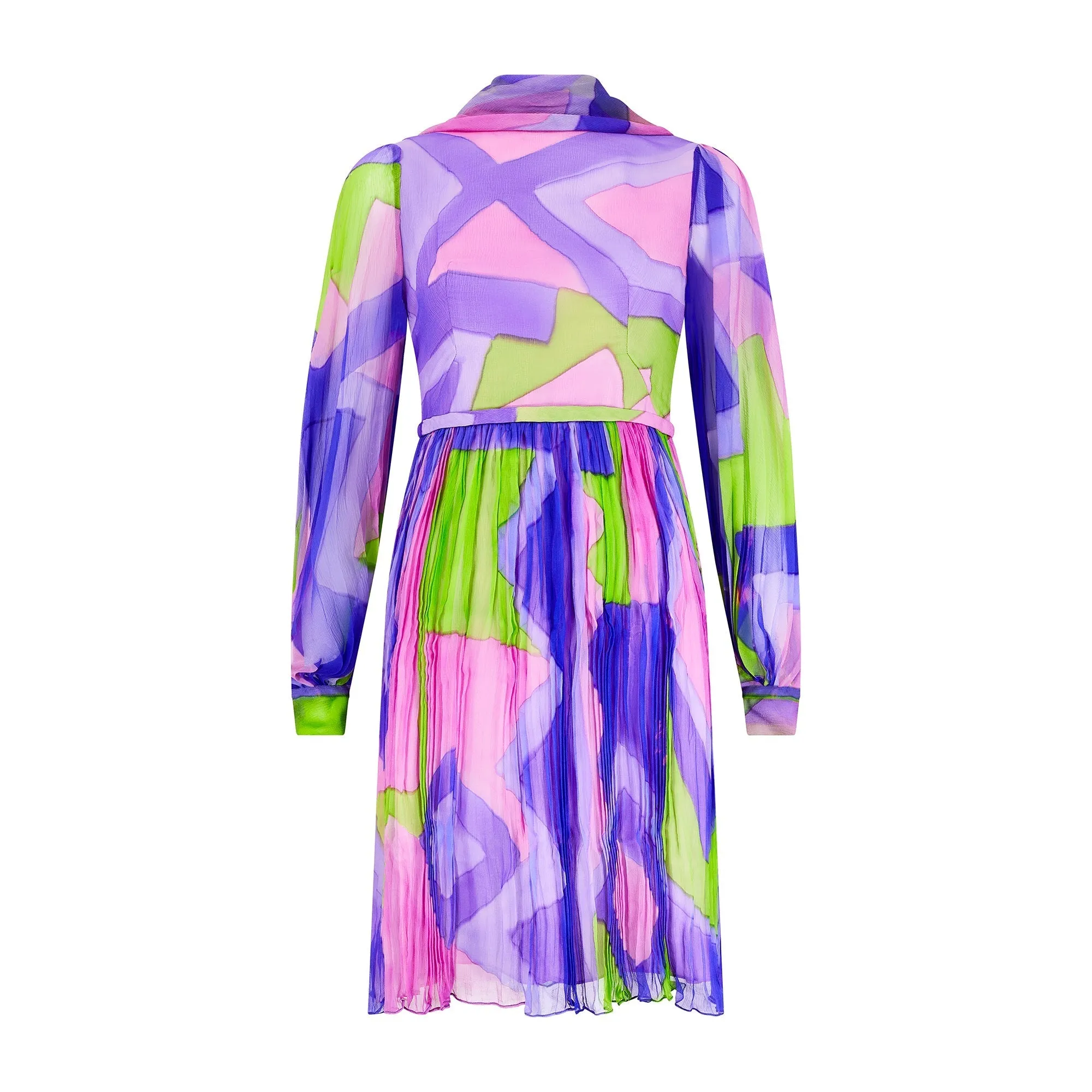 1960s Couture Purple and Green Hand Dyed Silk Chiffon Dress