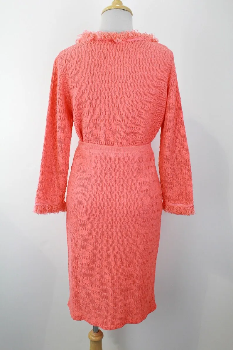 1960s Fuzzy Trim Salmon Pink Skirt and Top Set, Medium