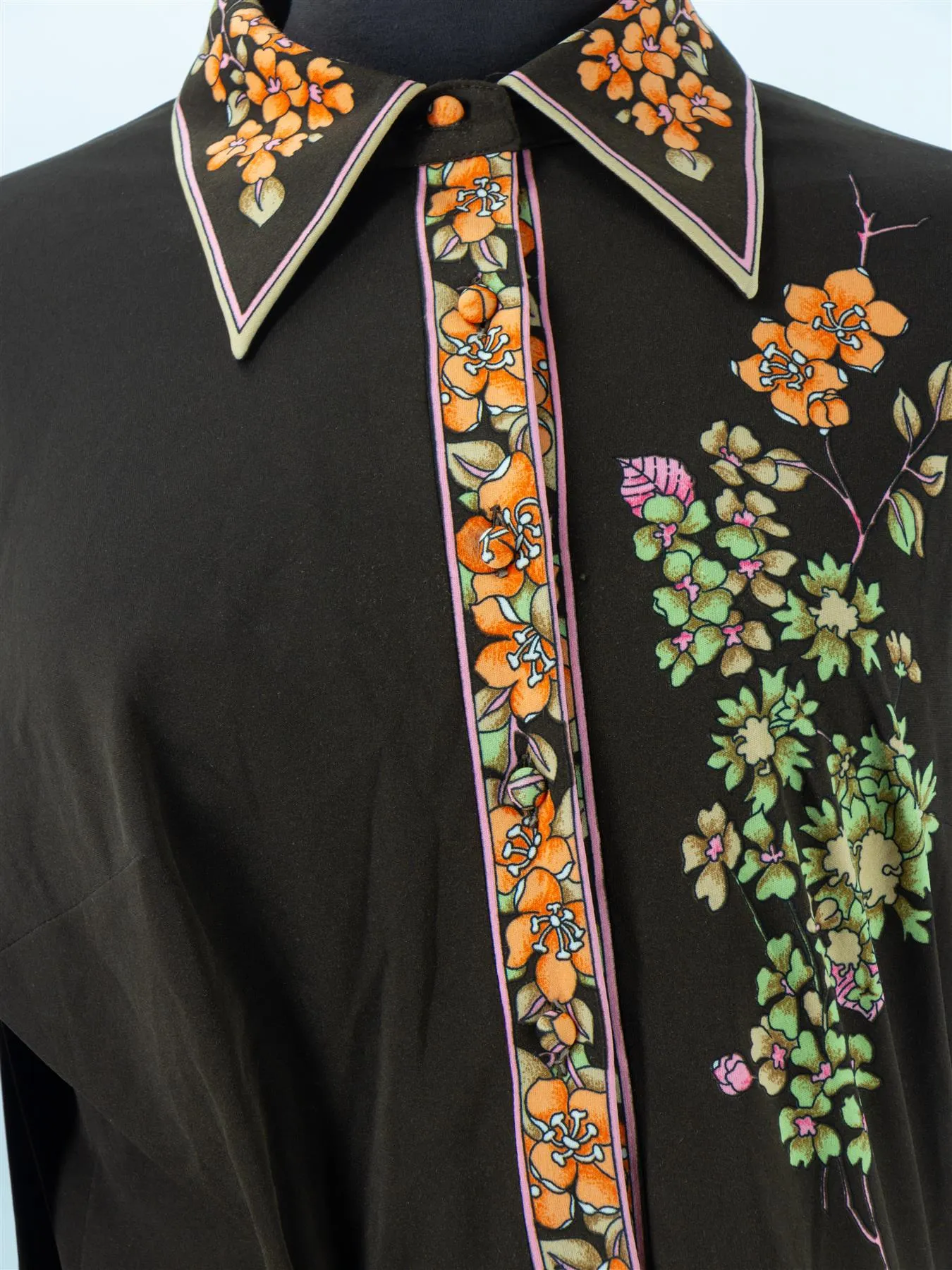 1970s Brown Floral Placement Pattern Dress