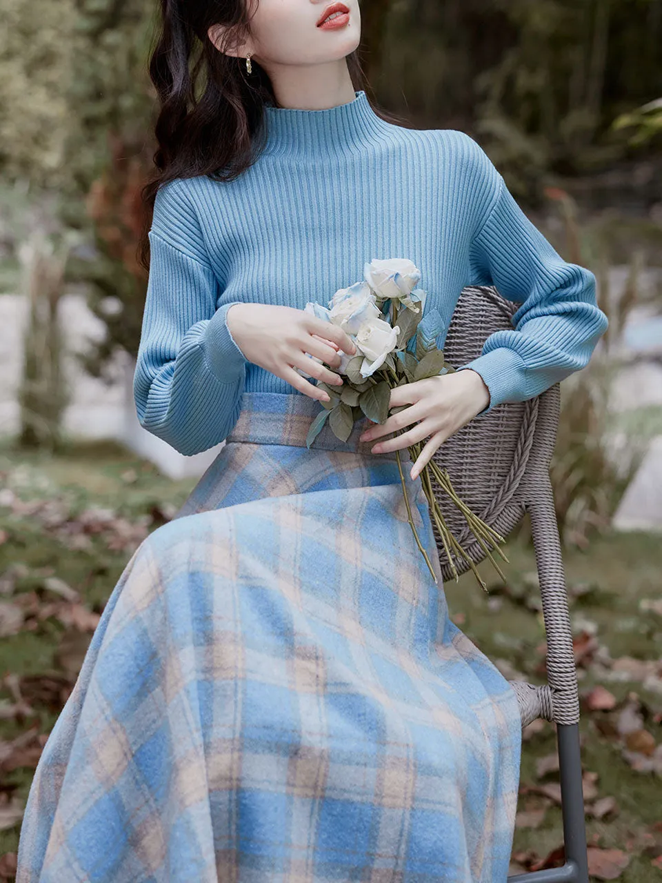 2PS Blue Sweater And Plaid Swing Skirt 1950S Vintage Audrey Hepburn's Style Outfits