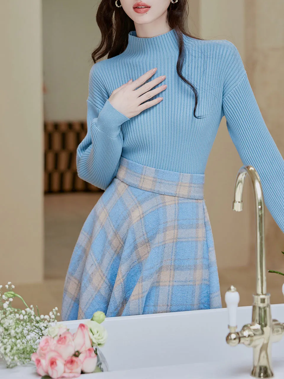 2PS Blue Sweater And Plaid Swing Skirt 1950S Vintage Audrey Hepburn's Style Outfits