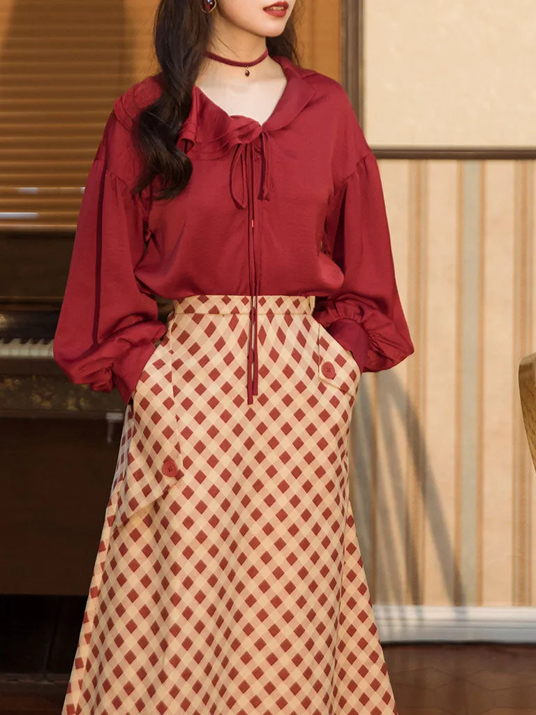 2PS Red Long Sleeve Blouse And Red  Polka Dots Swing Skirt Dresss Set