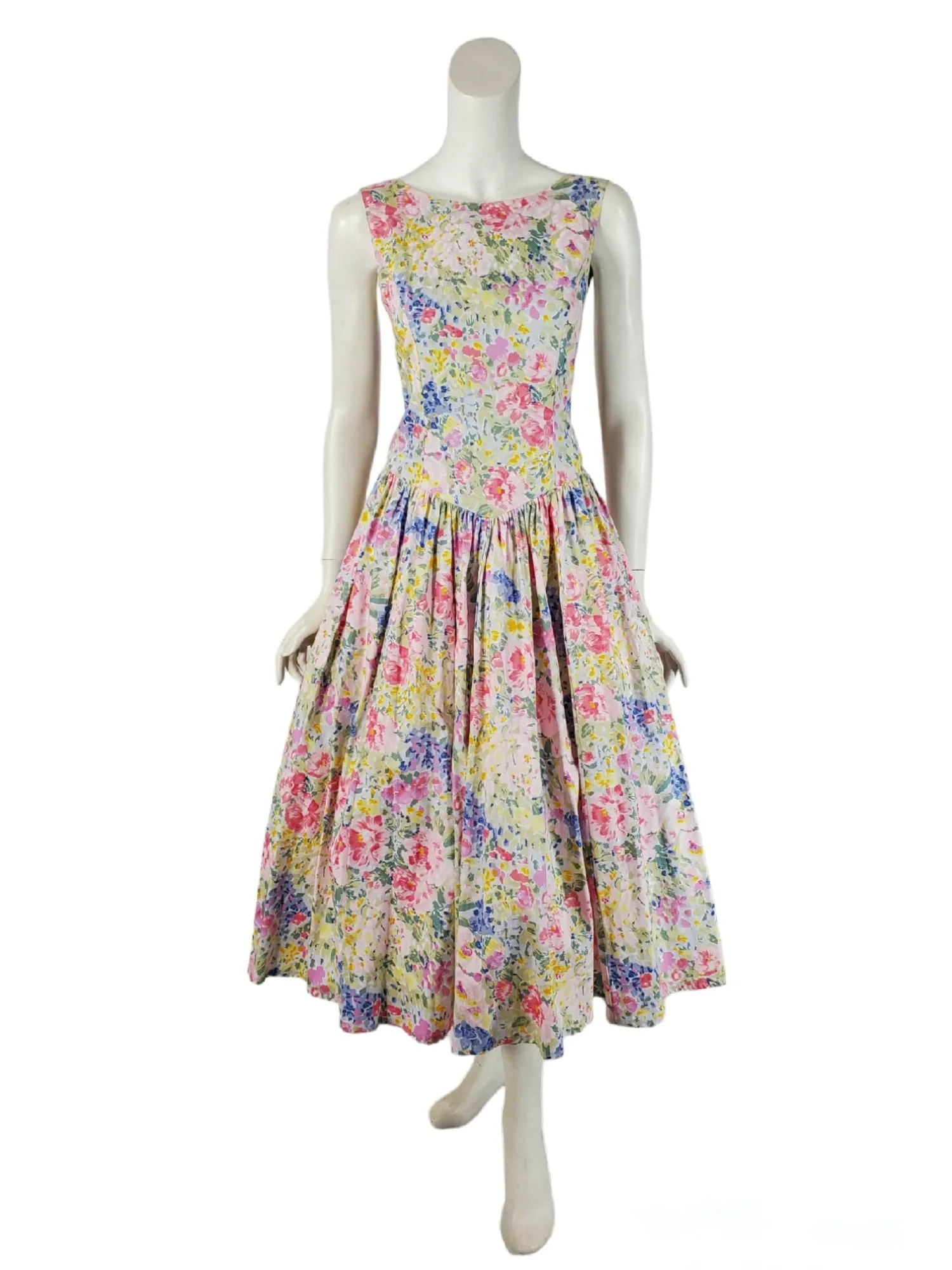 80s Pastel Floral Full Skirt Cotton Dress - sm, med