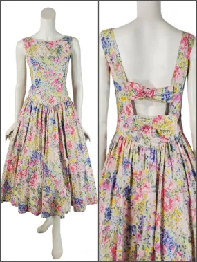 80s Pastel Floral Full Skirt Cotton Dress - sm, med