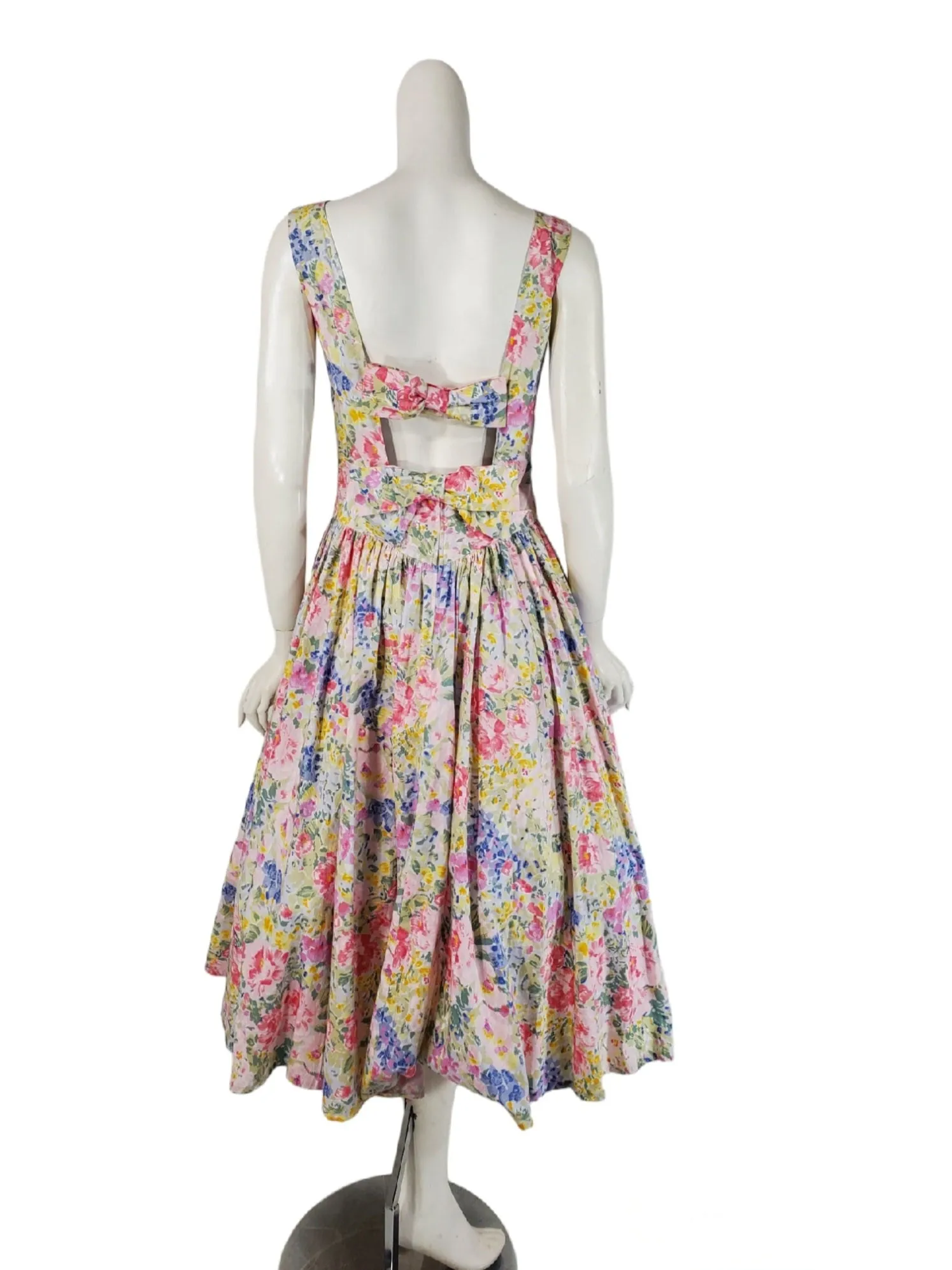 80s Pastel Floral Full Skirt Cotton Dress - sm, med