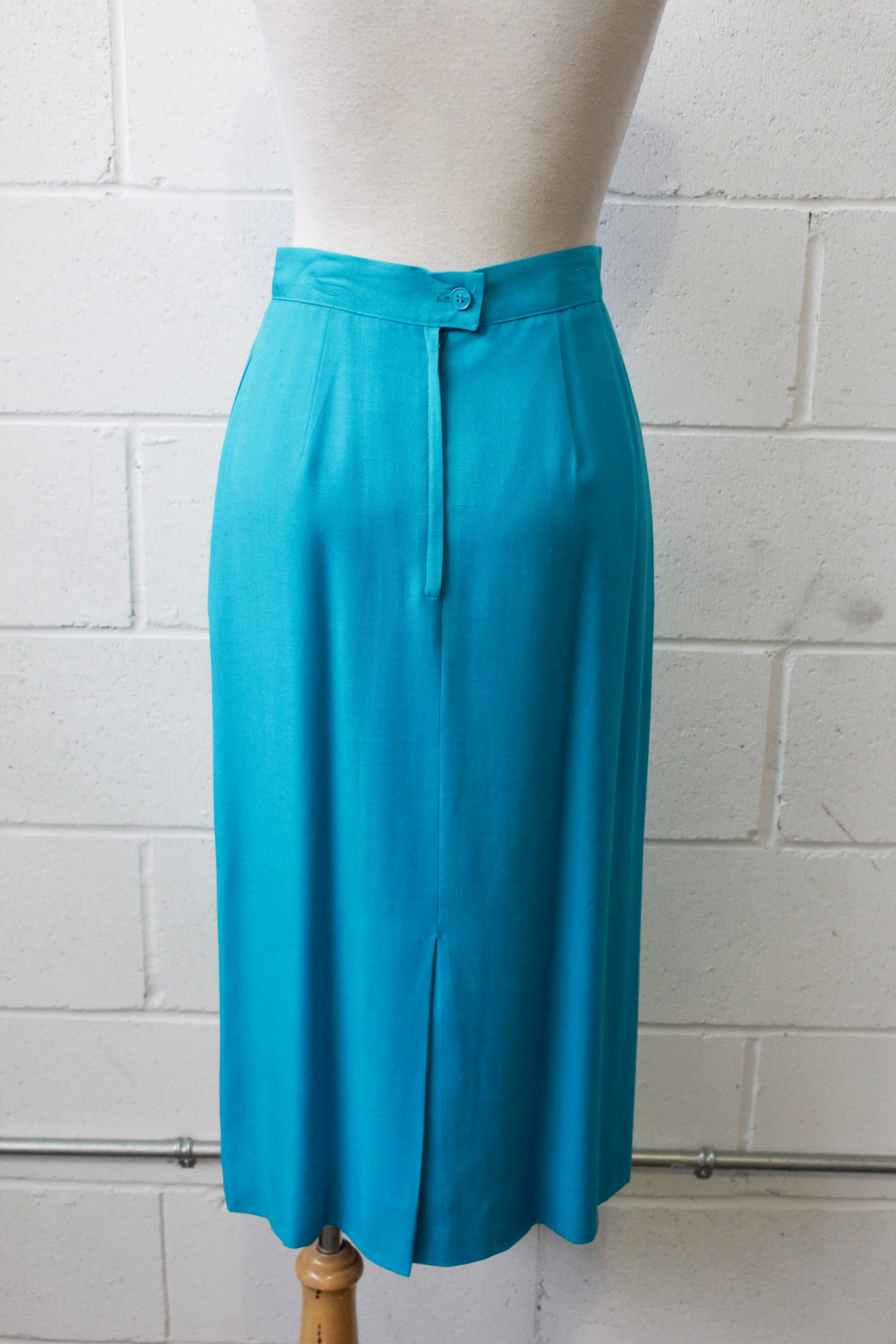 80s Turquoise Blue Midi Skirt, Waist 26"