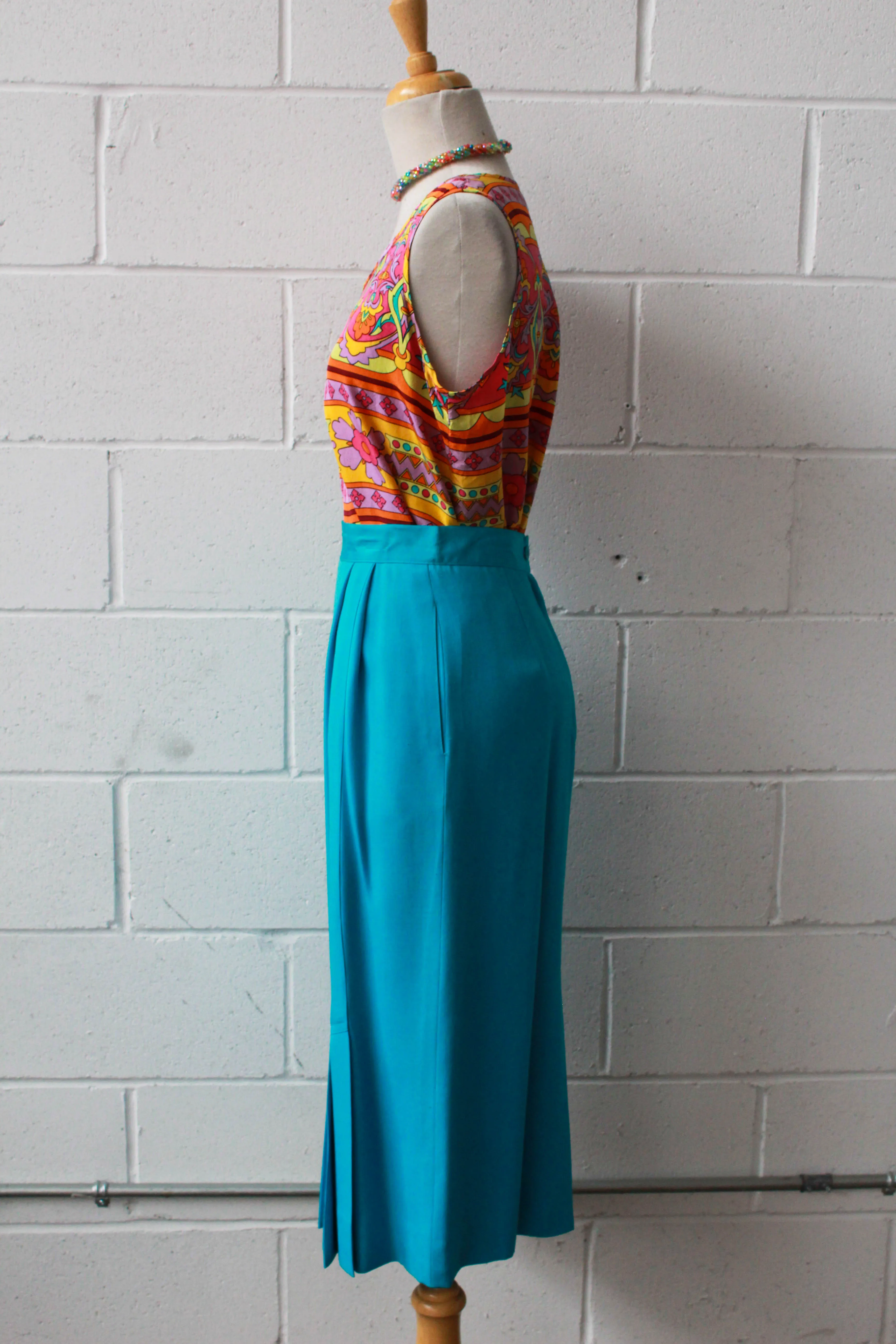 80s Turquoise Blue Midi Skirt, Waist 26"