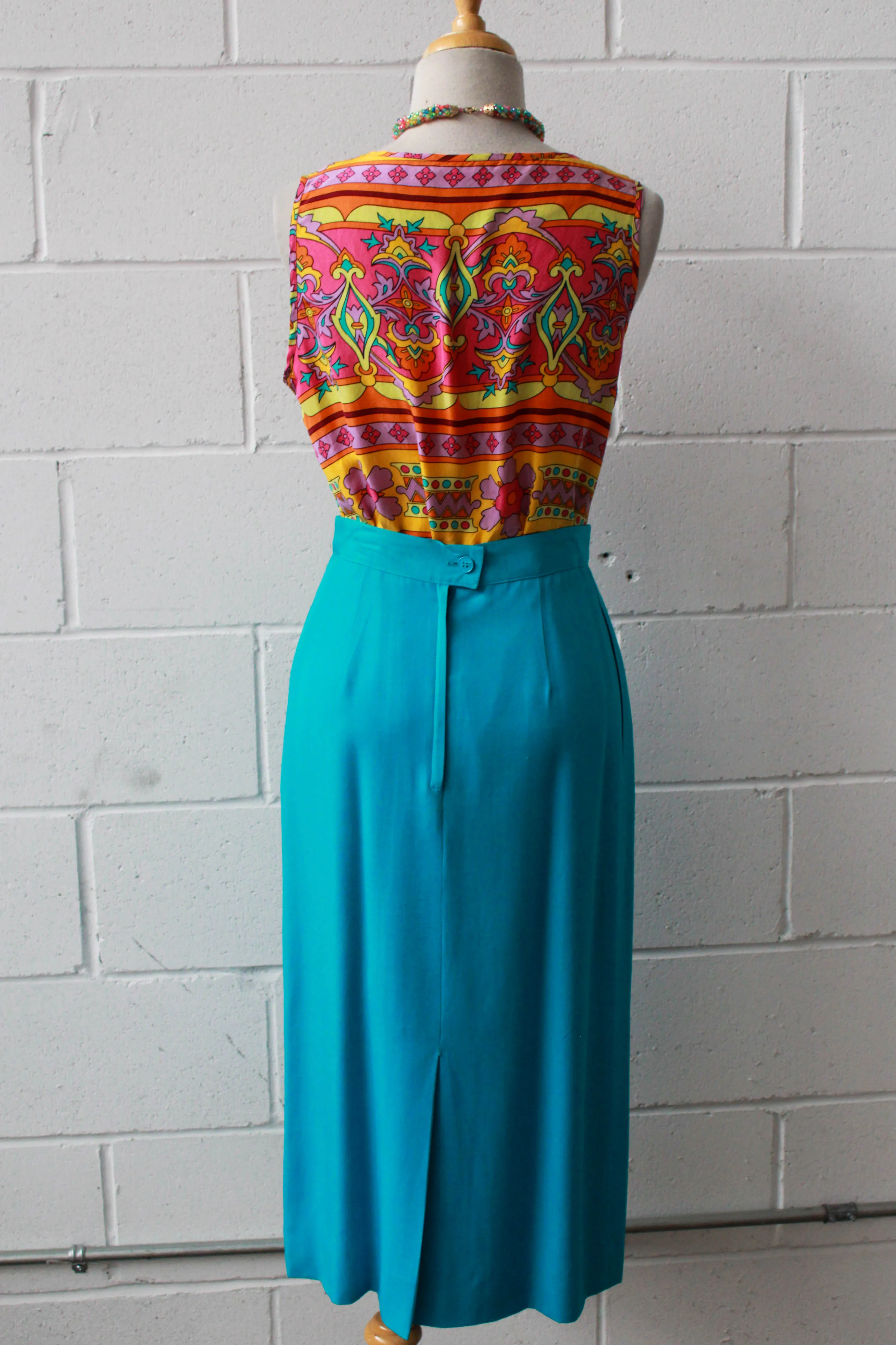 80s Turquoise Blue Midi Skirt, Waist 26"