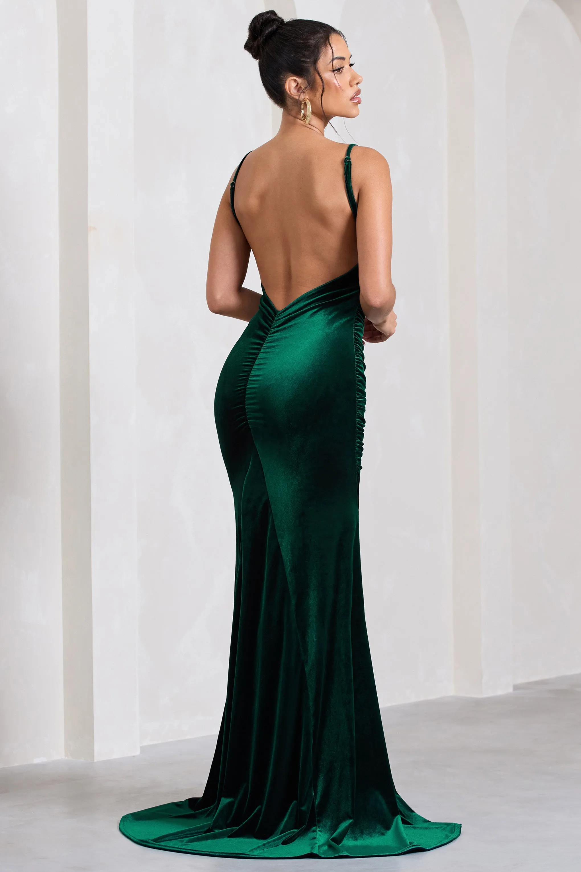 Adele | Bottle Green Velvet Ruched Strappy Fishtail Maxi Dress