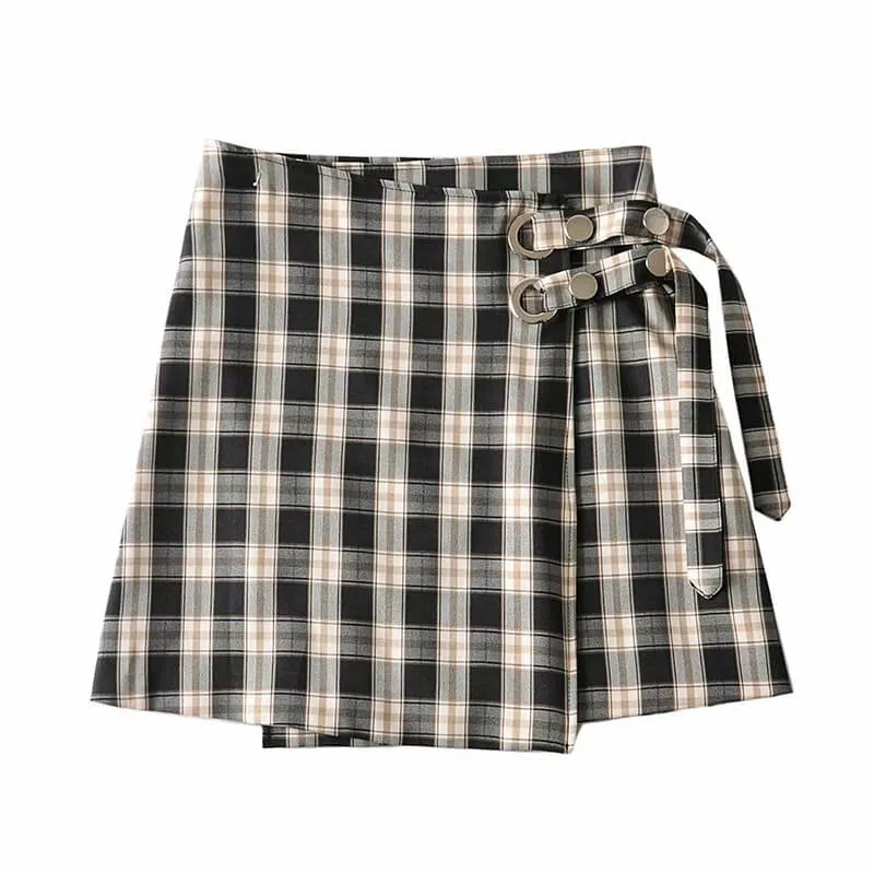 American retro niche blue plaid high waisted irregular diagonal skirt BY9132