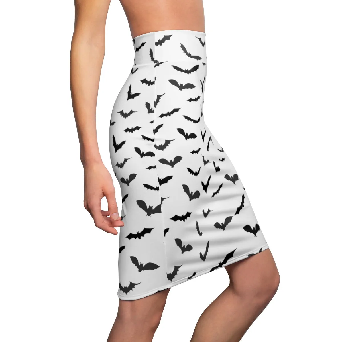 Bats Print Women's Pencil Skirt, Black White Festive Halloween Skirt- Made in USA(Size: XS-2XL)