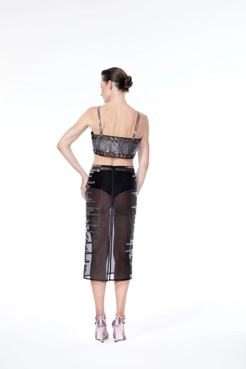 BLACK CRYSTAL PIXEL MIDI SKIRT