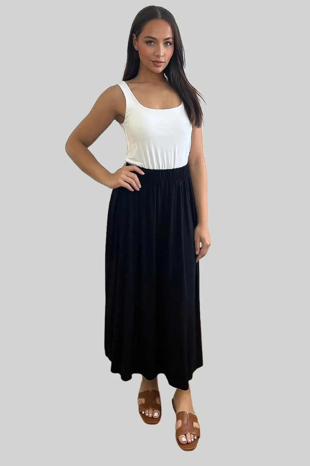 Black Elastic Waist Midi Skirt