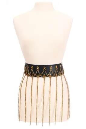 Black Faux Leather & Gold Metallic Chain Fringe Skirt