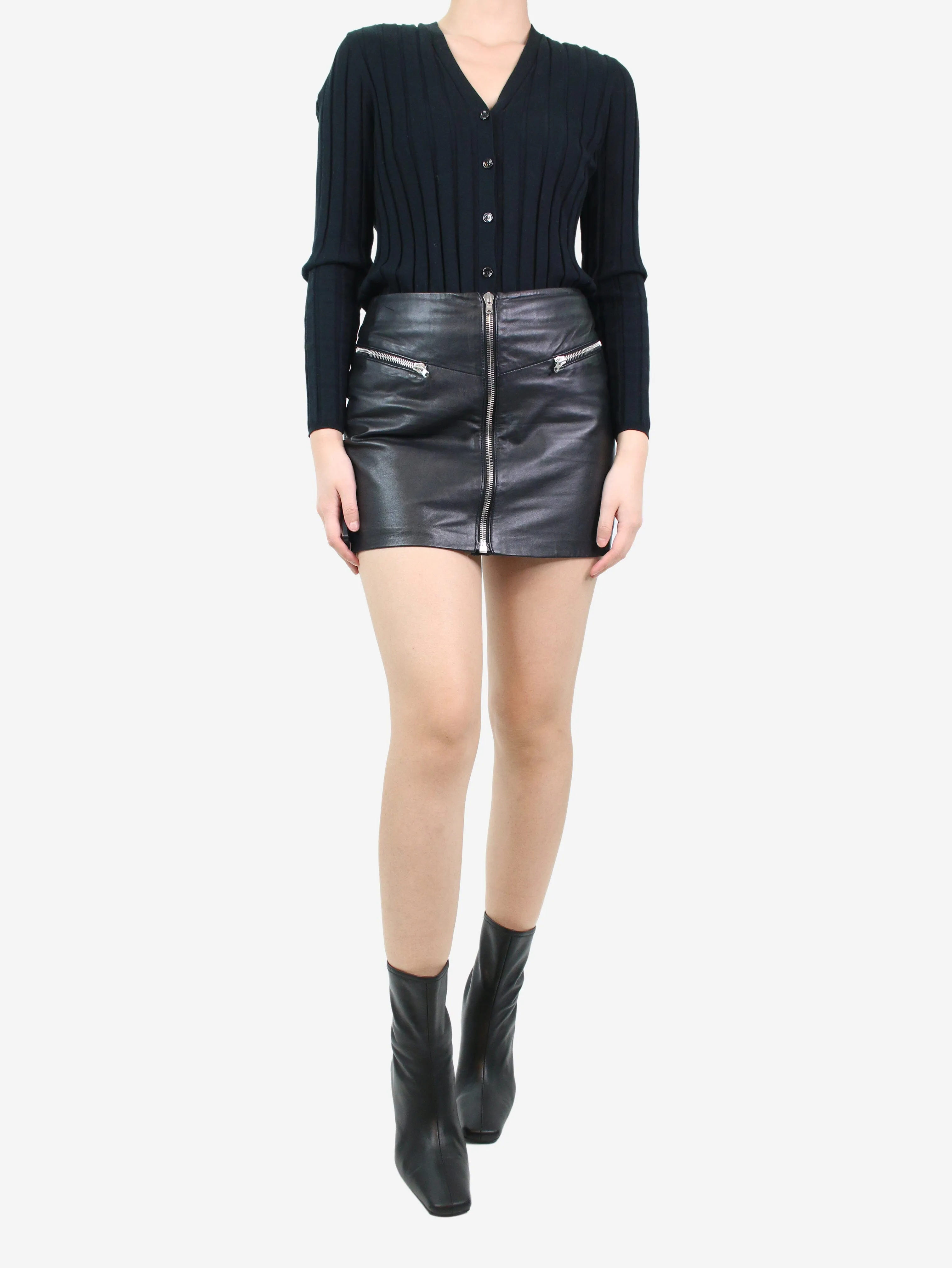 Black leather zipped mini skirt - size M