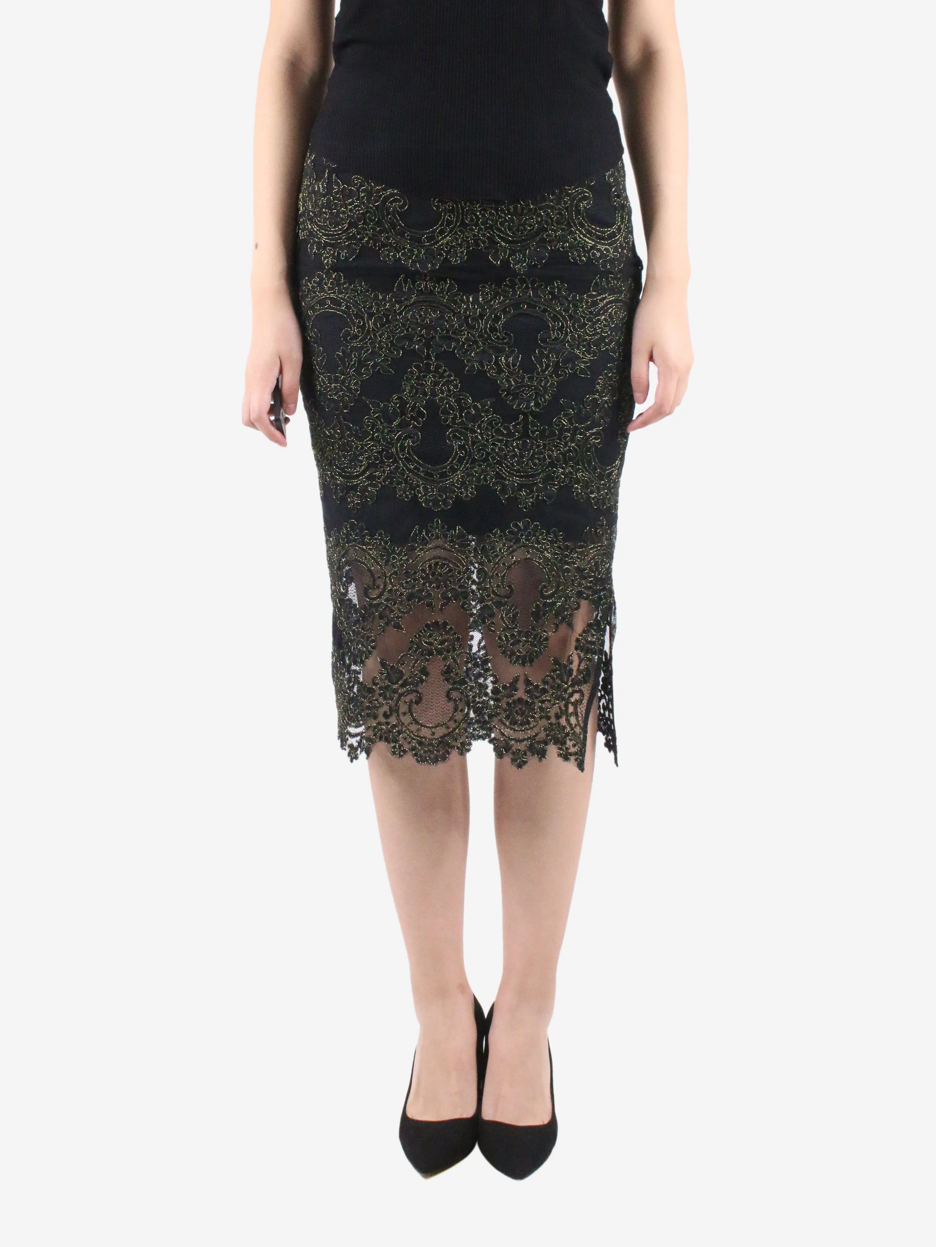 Black metallic detailed lace skirt - size UK 8