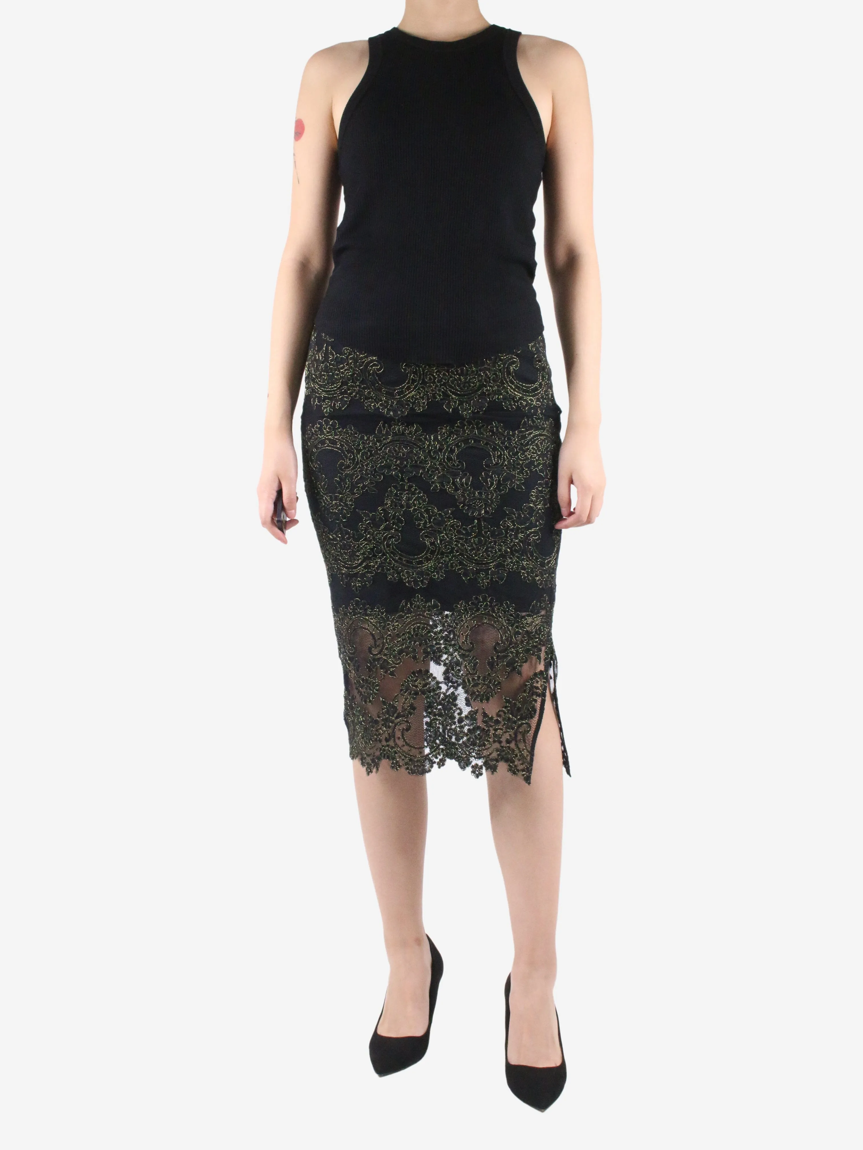 Black metallic detailed lace skirt - size UK 8