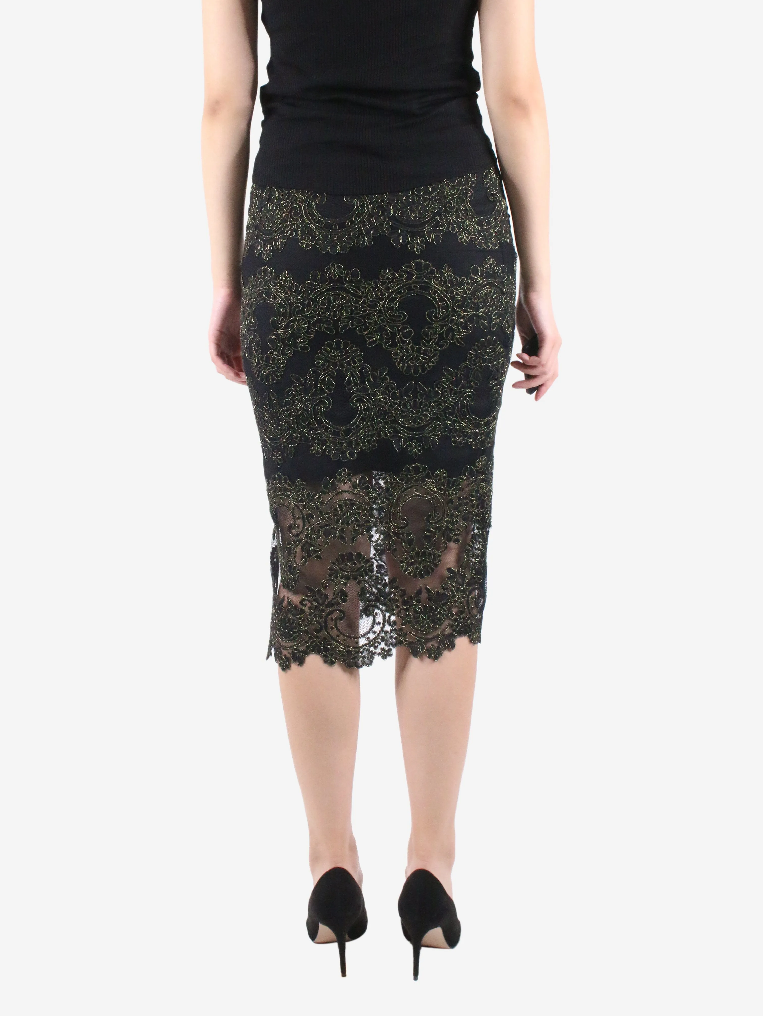 Black metallic detailed lace skirt - size UK 8