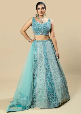 Blue Grey Embroidered Georgette Lehenga