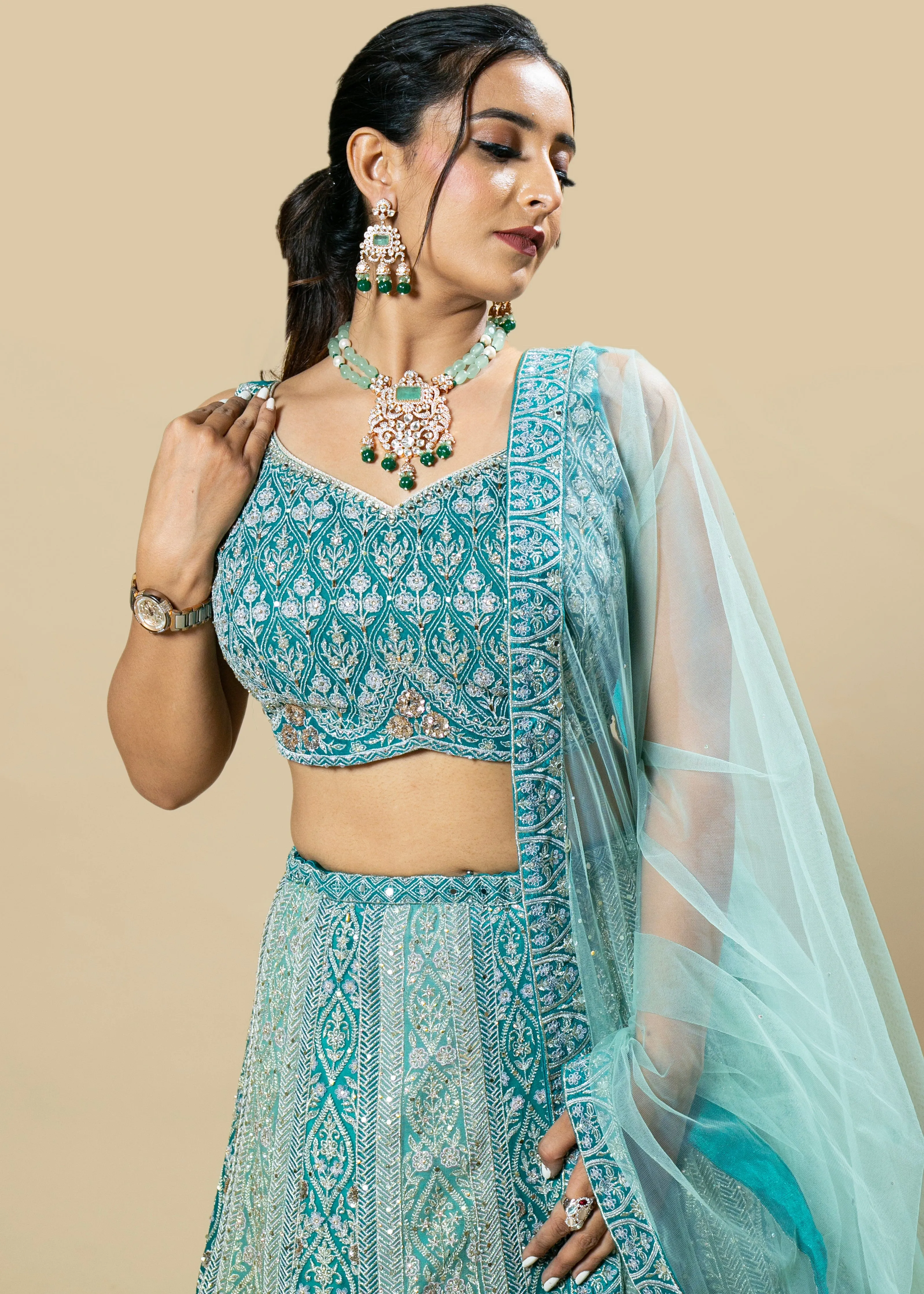 Blue Grey Embroidered Georgette Lehenga