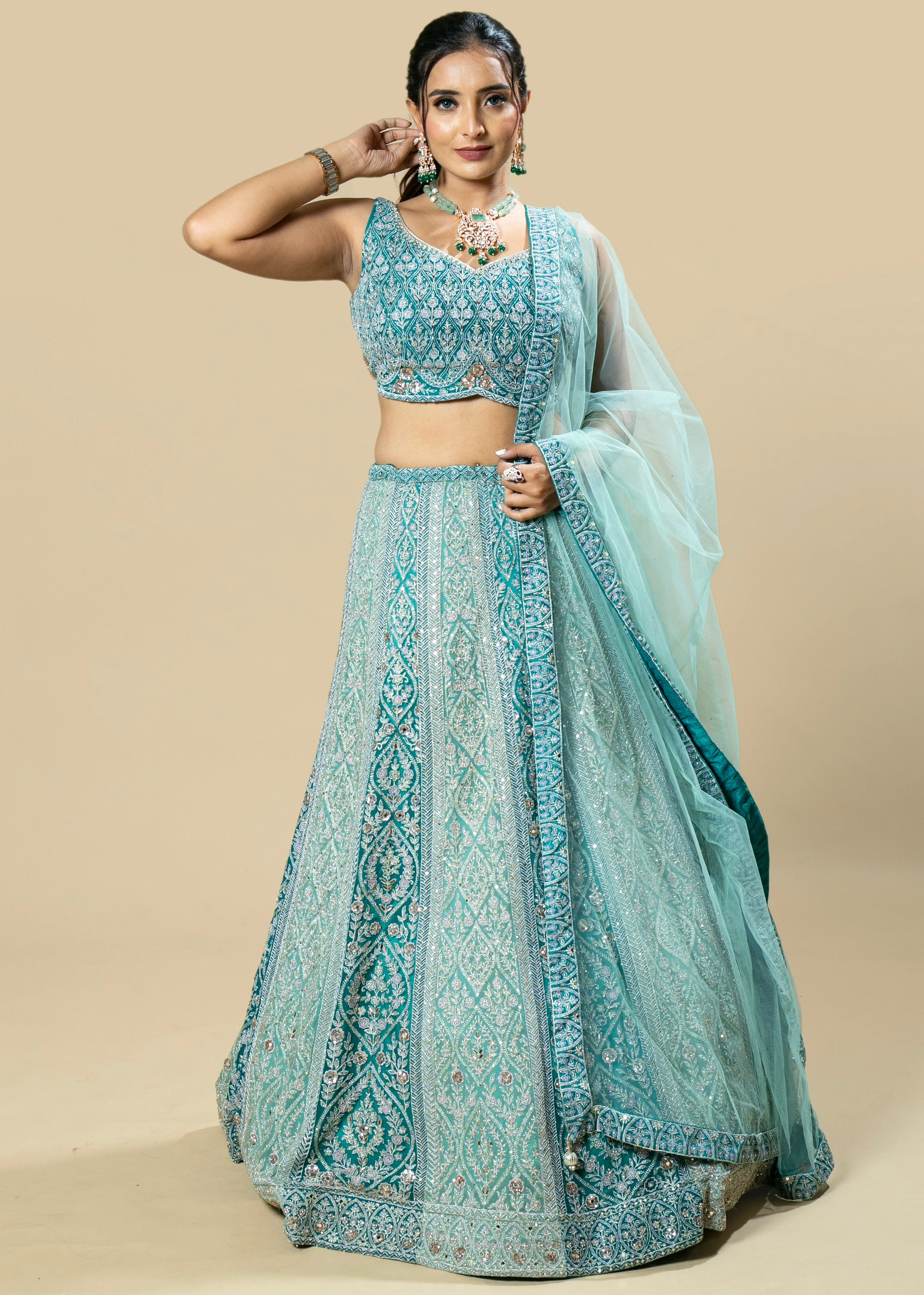 Blue Grey Embroidered Georgette Lehenga