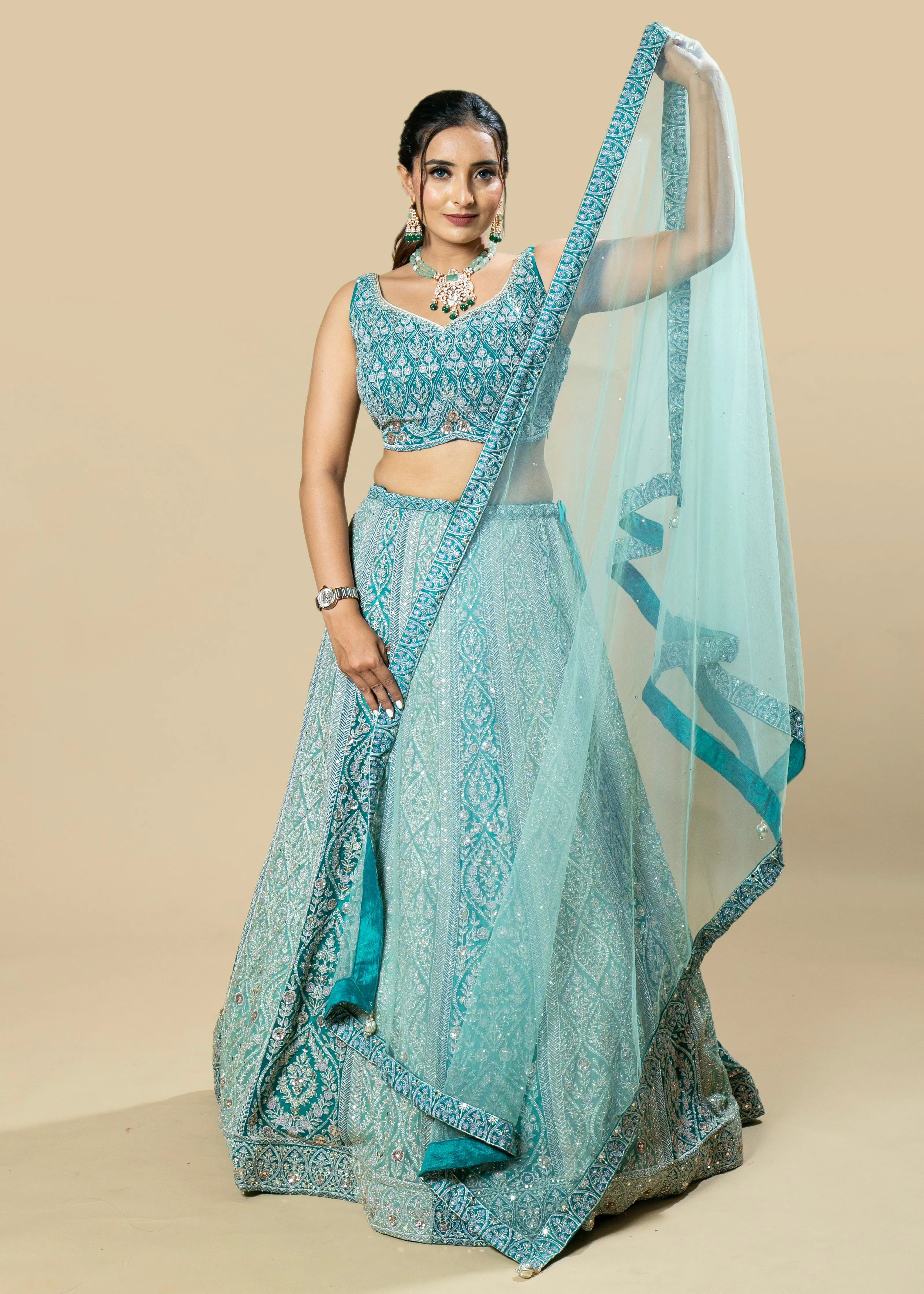 Blue Grey Embroidered Georgette Lehenga