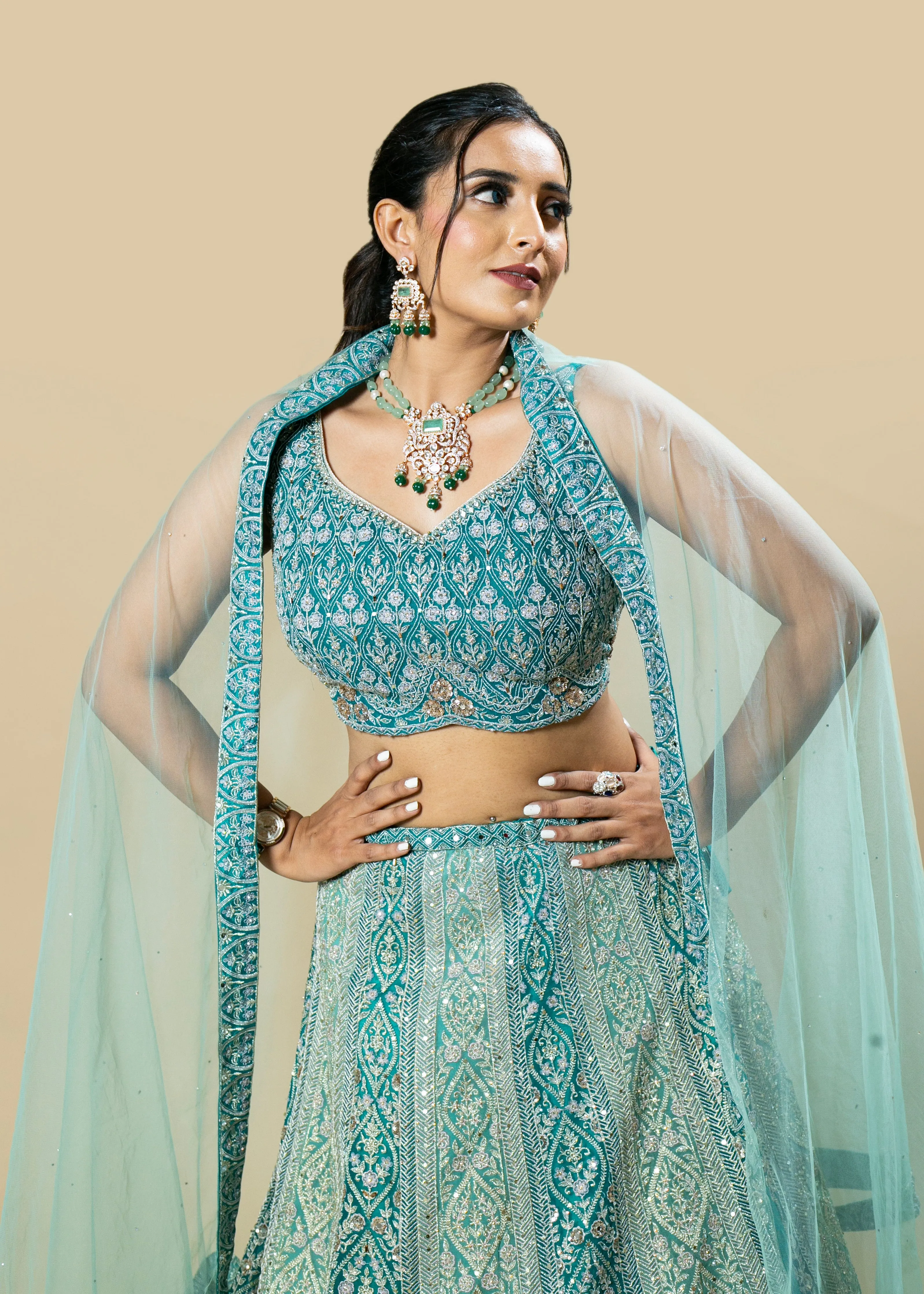 Blue Grey Embroidered Georgette Lehenga