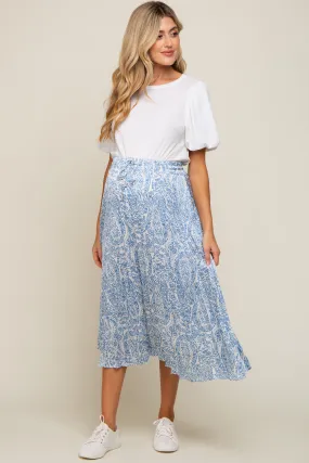 Blue Paisley Pleated Maternity Midi Skirt