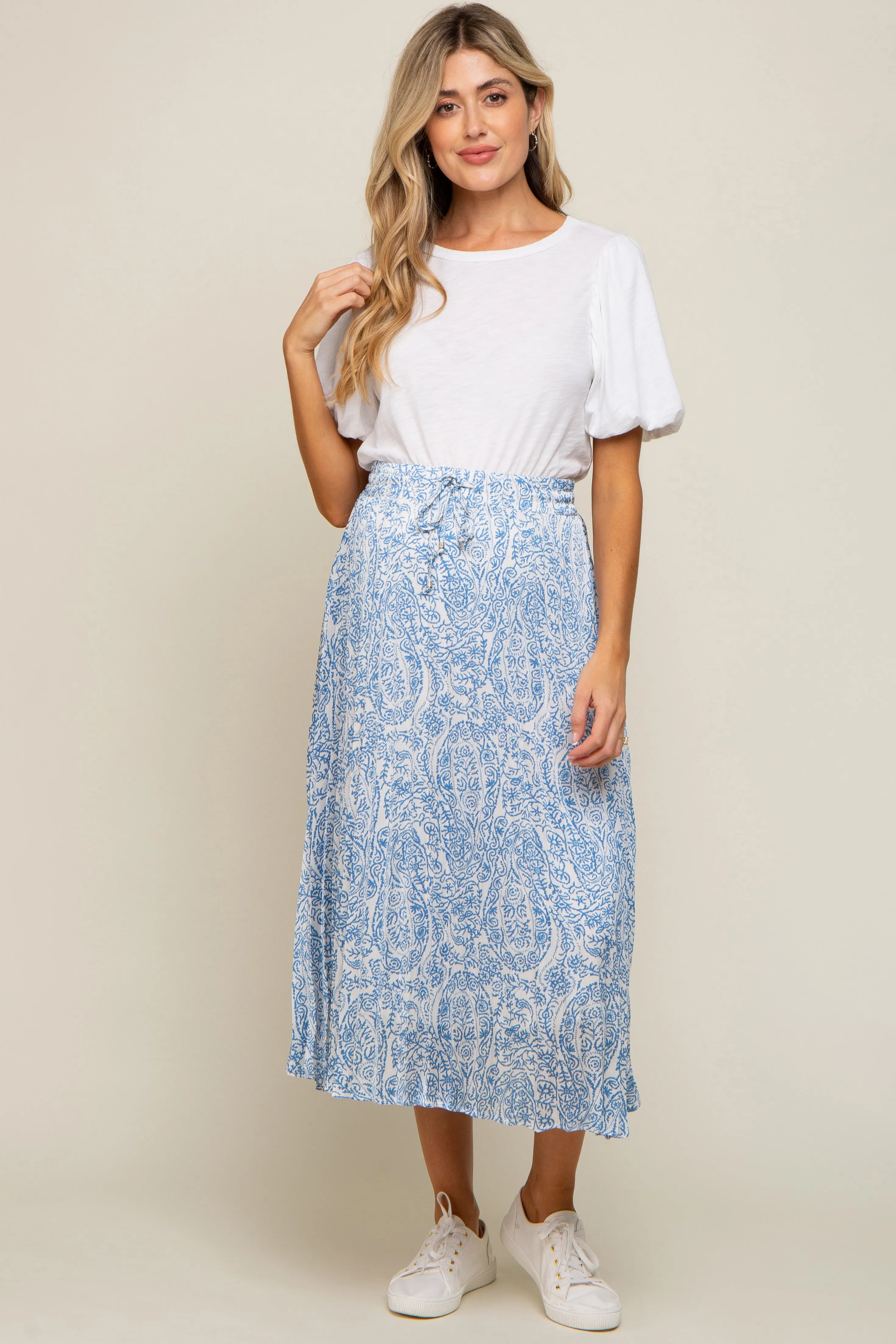 Blue Paisley Pleated Maternity Midi Skirt