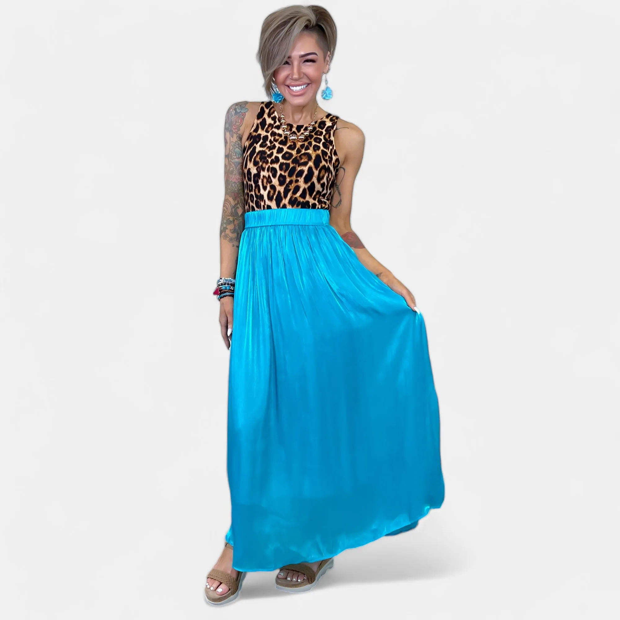 Blue Silk Pleated Maxi Skirt