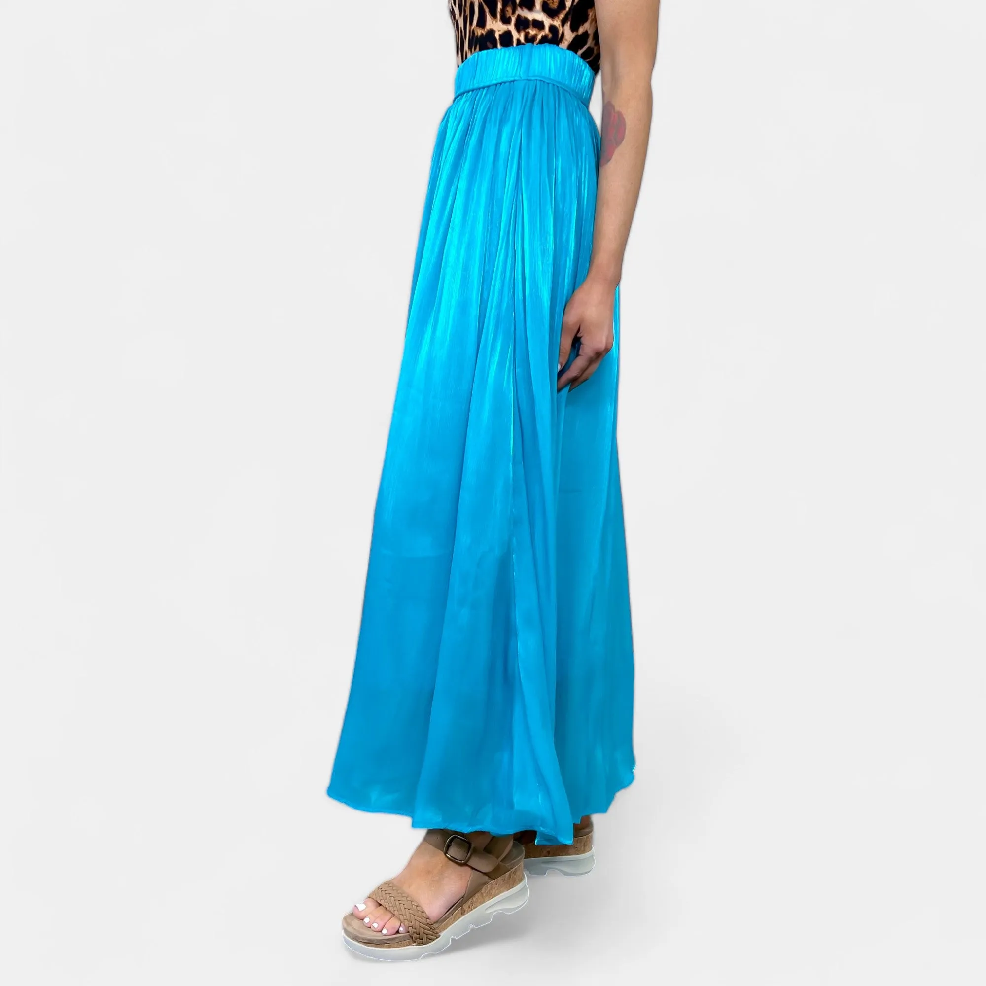 Blue Silk Pleated Maxi Skirt