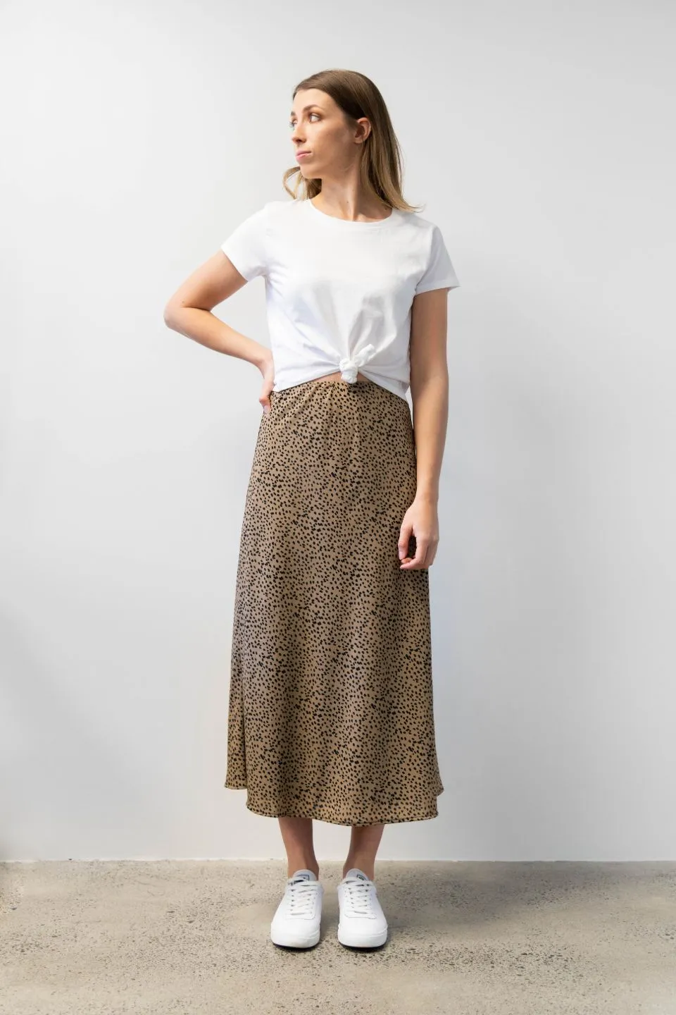 Broadway Tan Animal Bias Midi Skirt