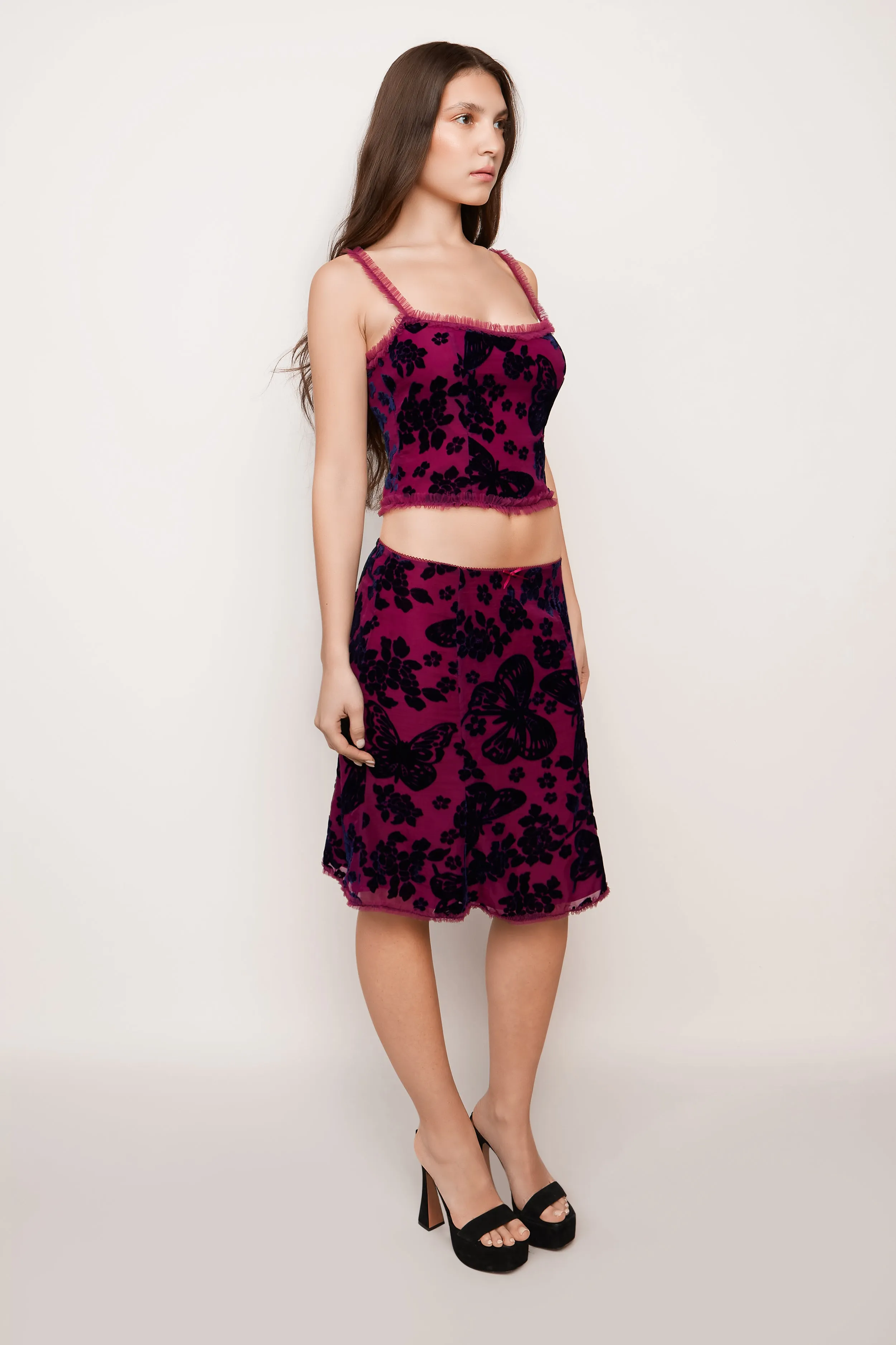 Butterfly Velvet Burnout Low Rise Midi Skirt