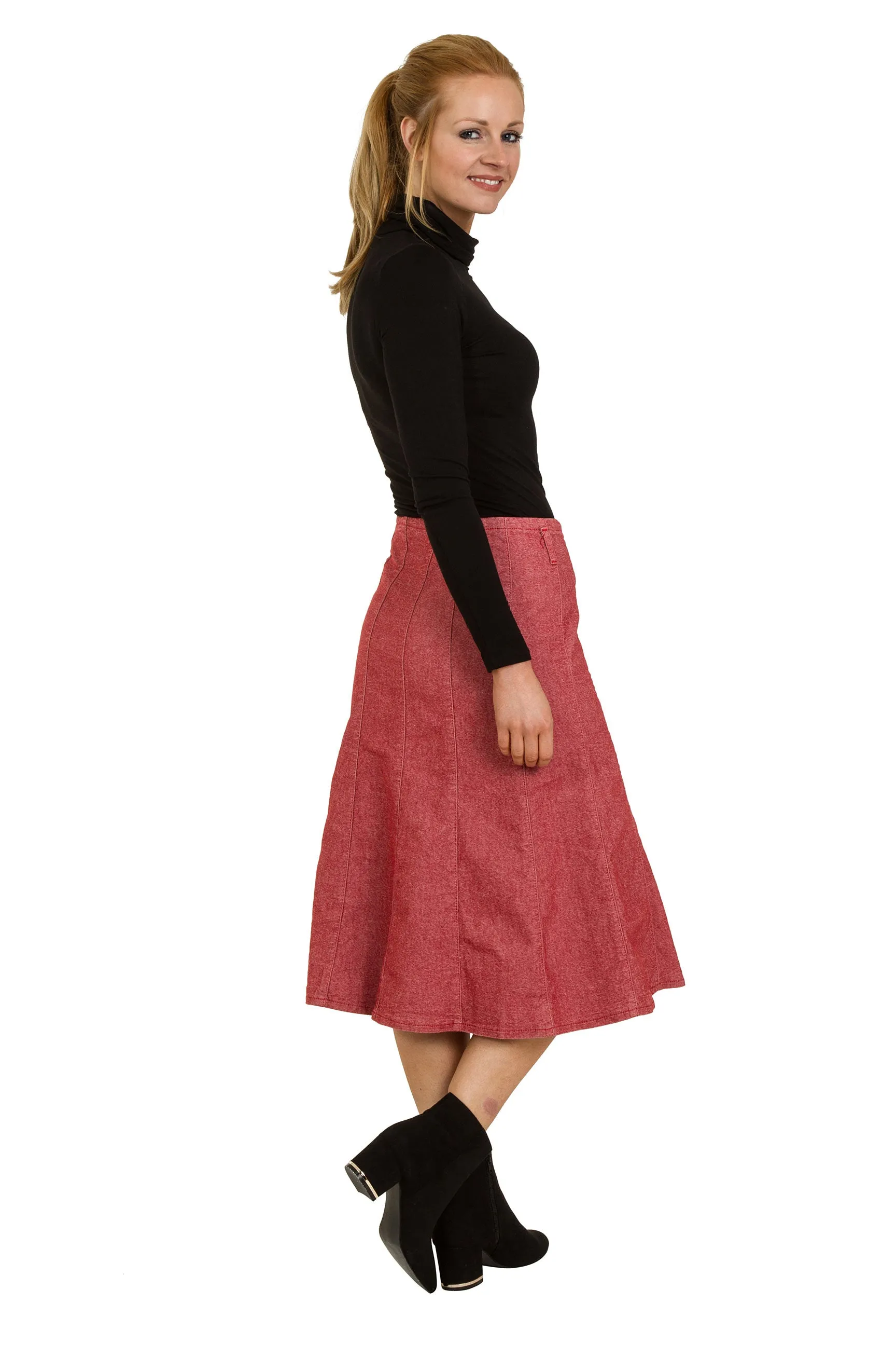 Calf-length Red Panelled Denim Skirt