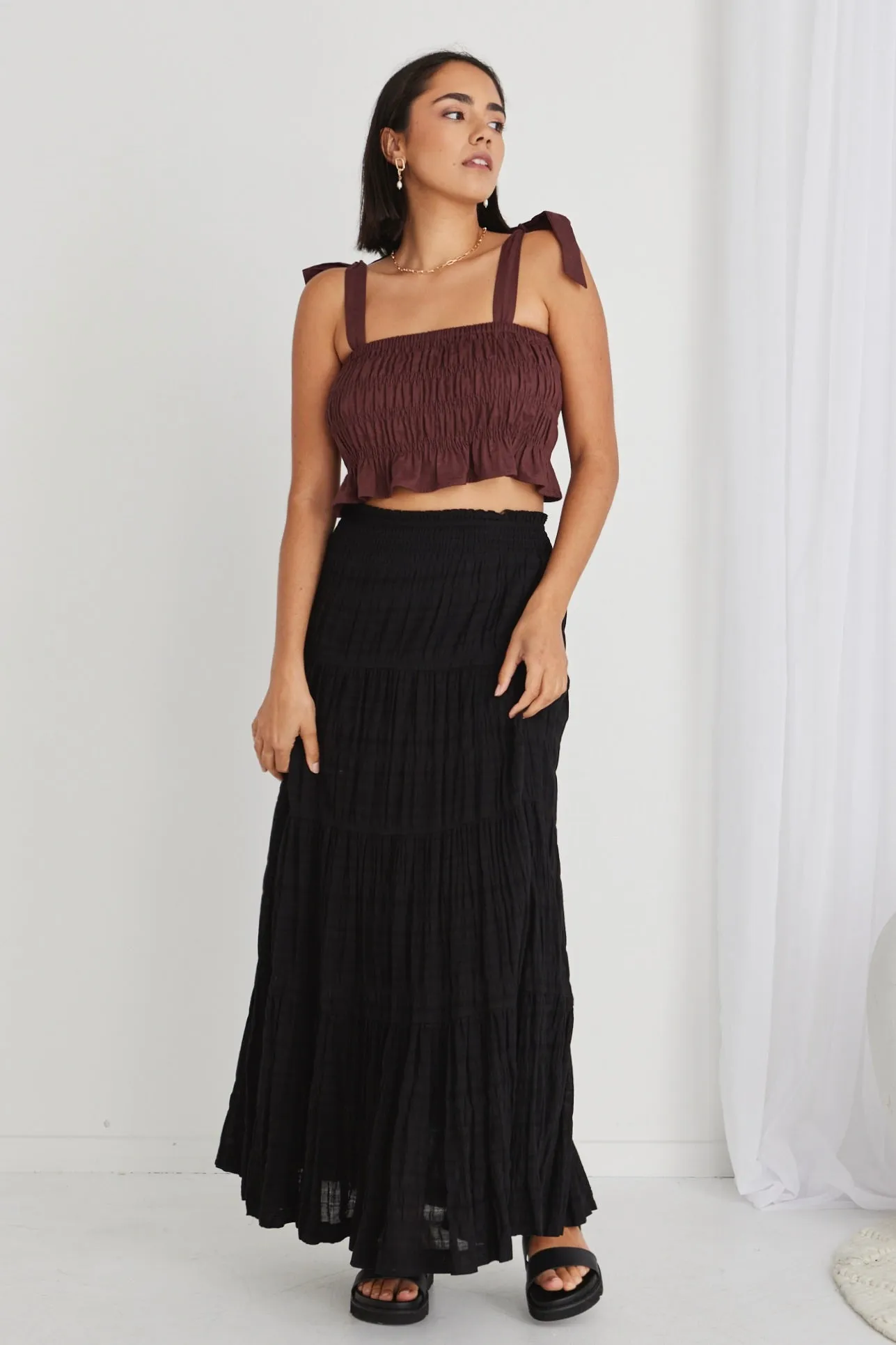 Charming Black Shirred Cotton Tiered Maxi Skirt