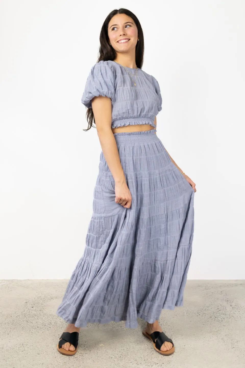 Charming Sky Blue Cotton Shirred Tiered Maxi Skirt