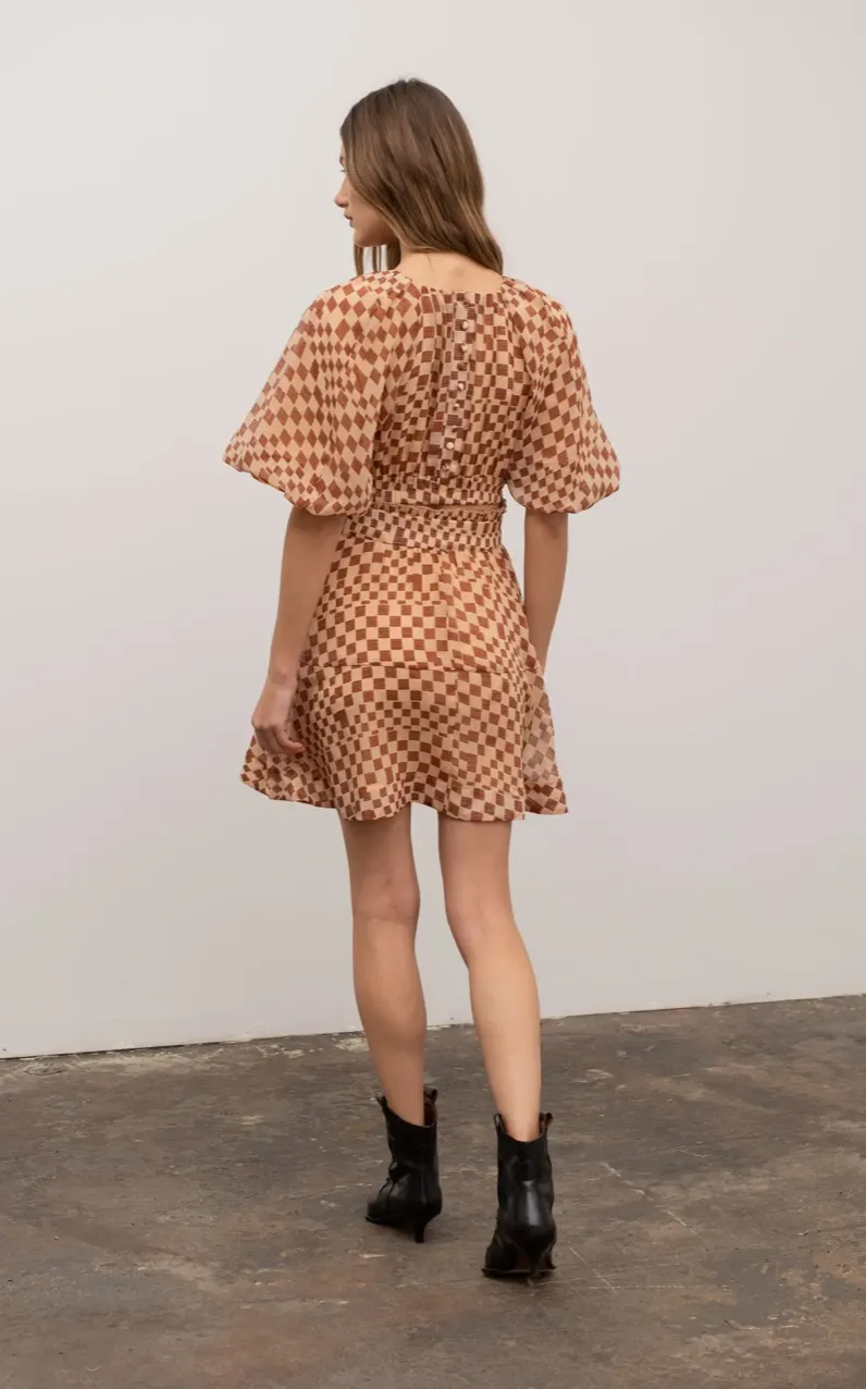 Checker Puff Sleeve Mini Dress