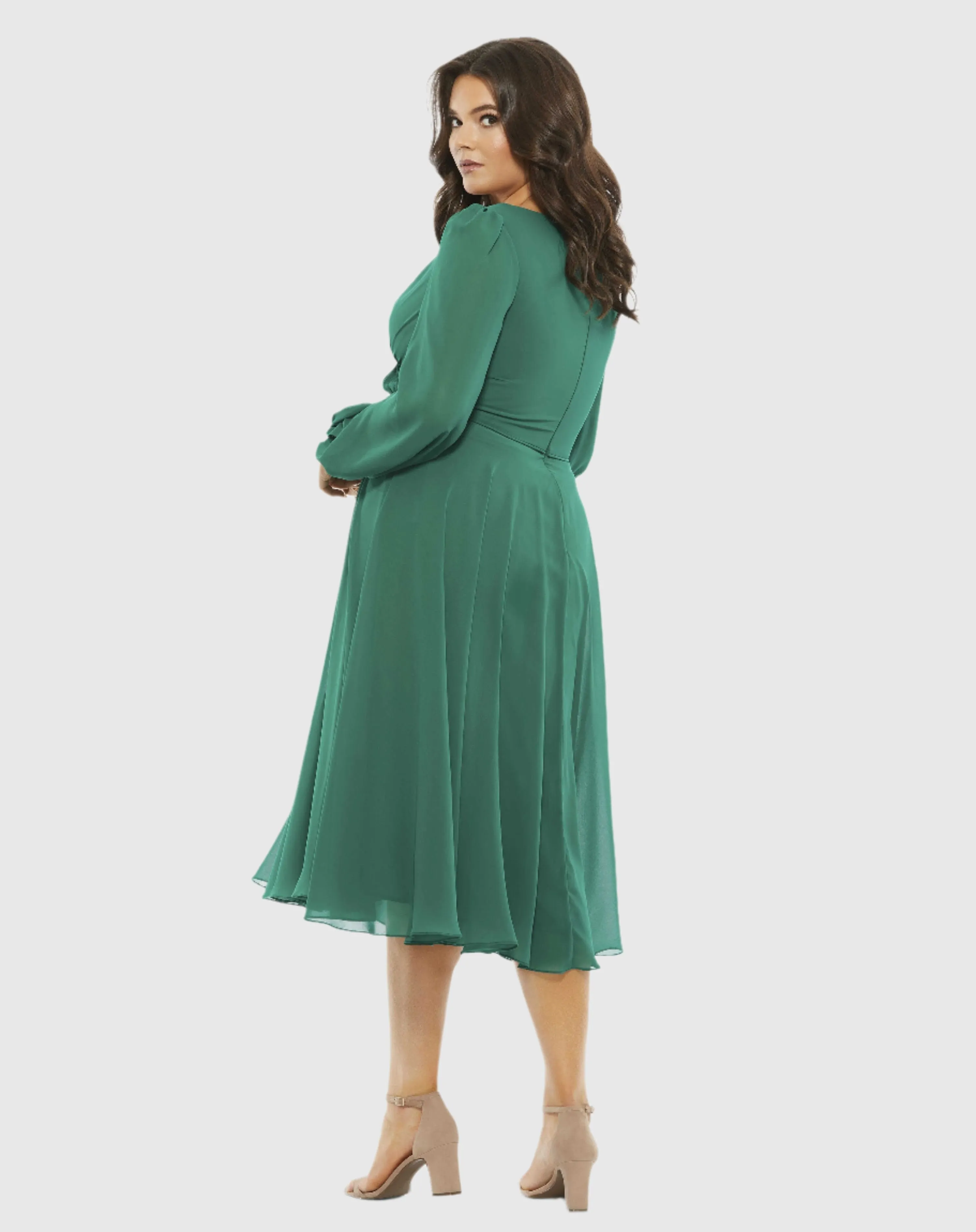 Chiffon Bishop Sleeve Surplice Dress (Plus)