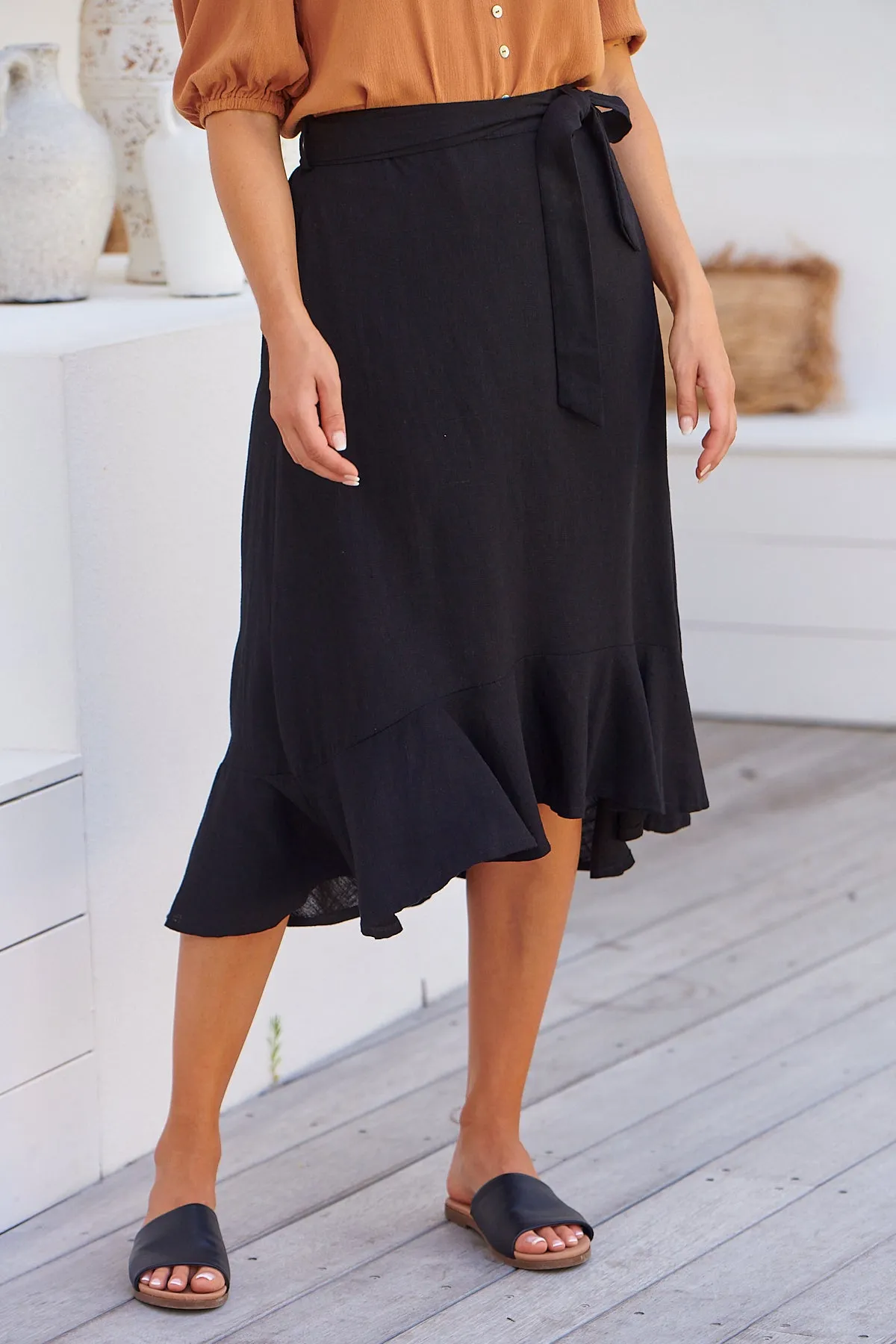 Ciri Black Tie Waist Midi Linen Skirt