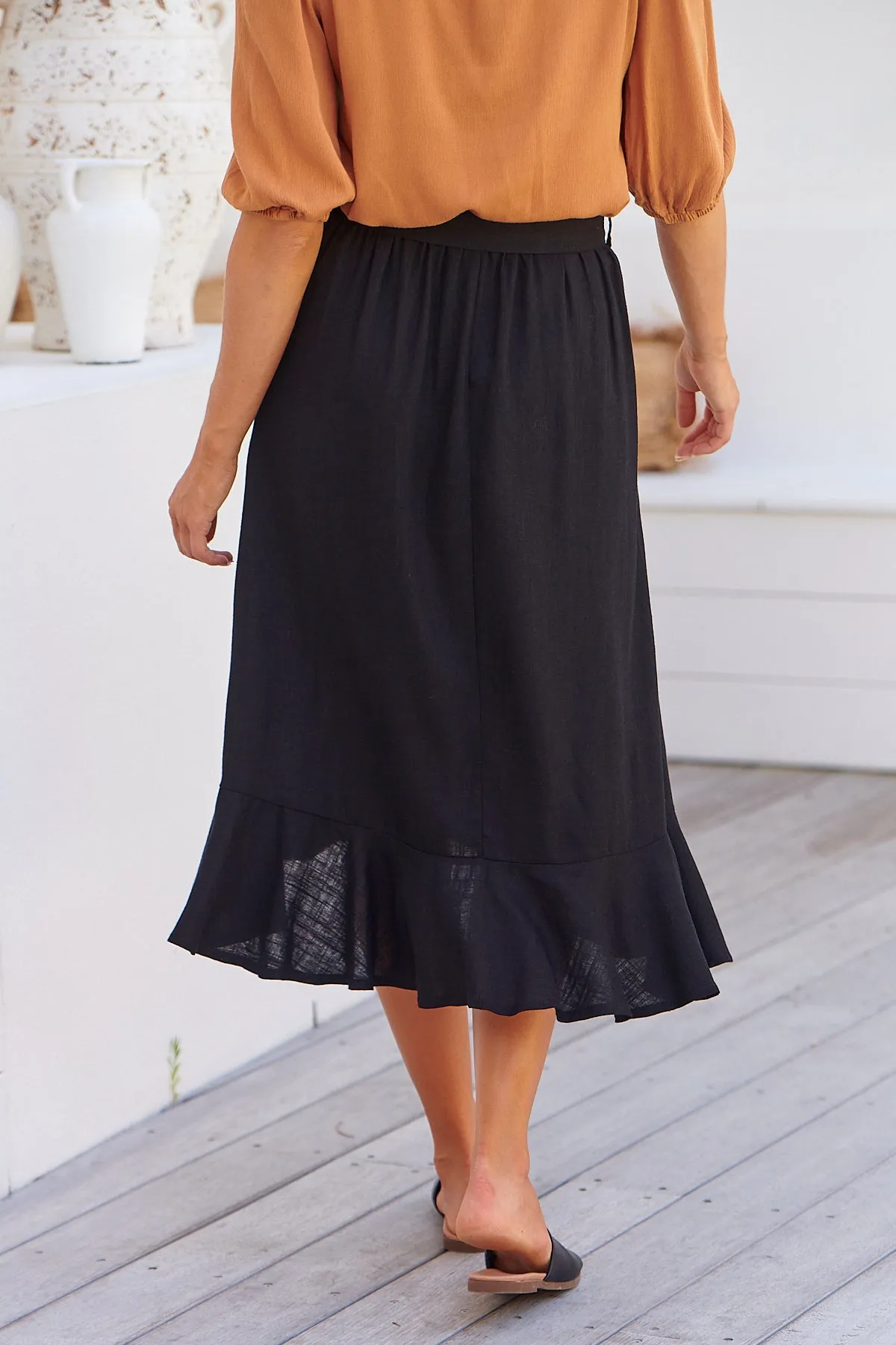 Ciri Black Tie Waist Midi Linen Skirt