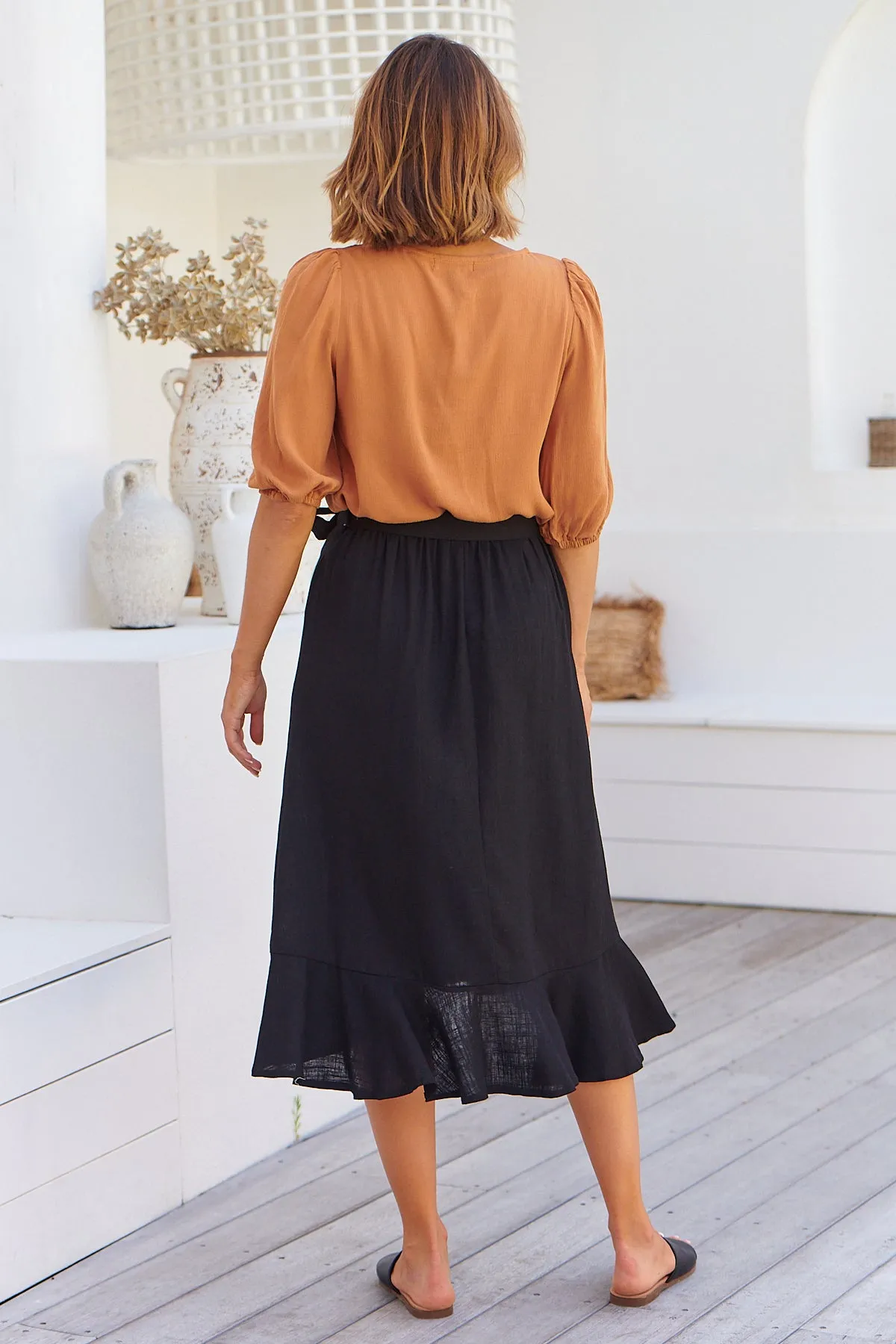 Ciri Black Tie Waist Midi Linen Skirt