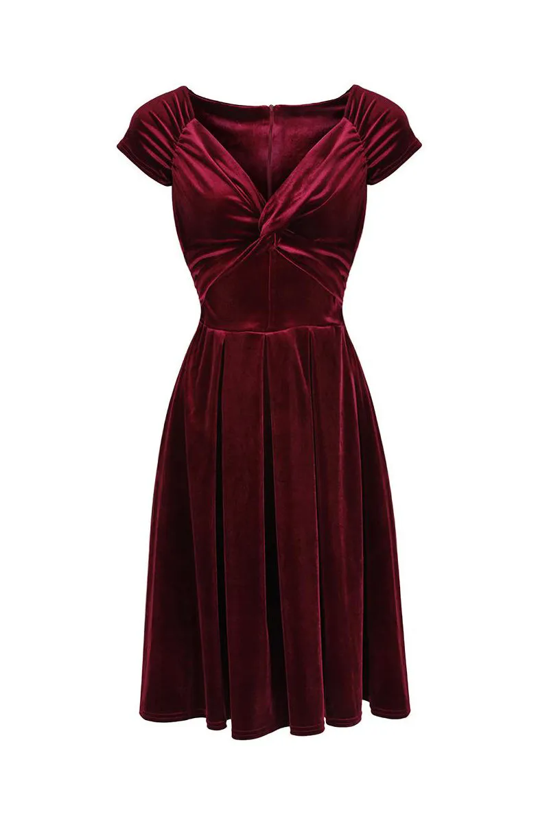 Claret Red Wine Velour Crossover Midi Dress