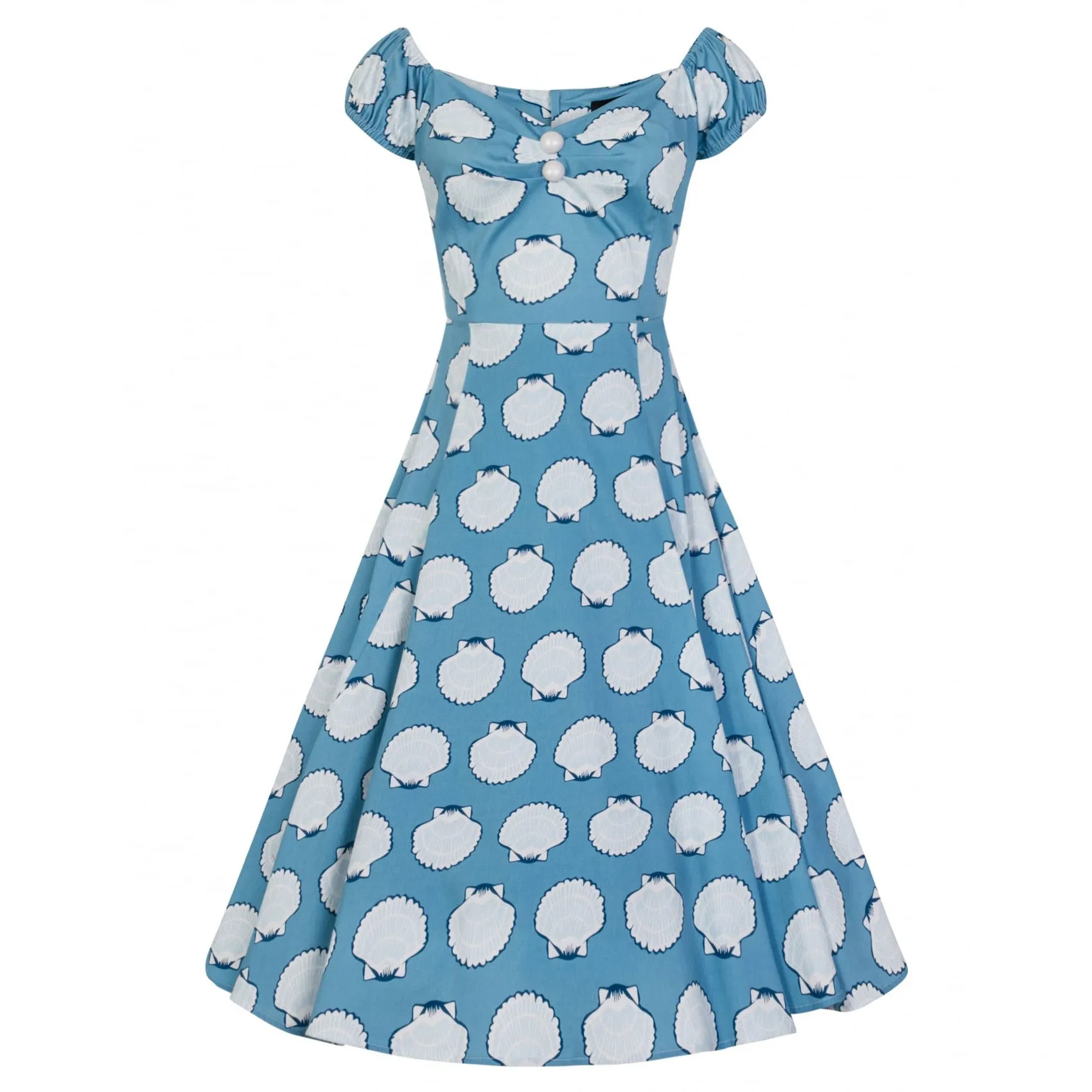 Collectif Sky Blue Seashell Print Sweetheart Neckline 50s Swing Dress