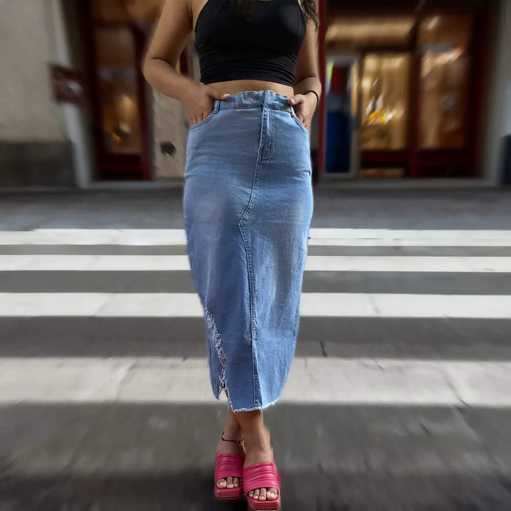 Denim Distress Pencil Midi Skirt