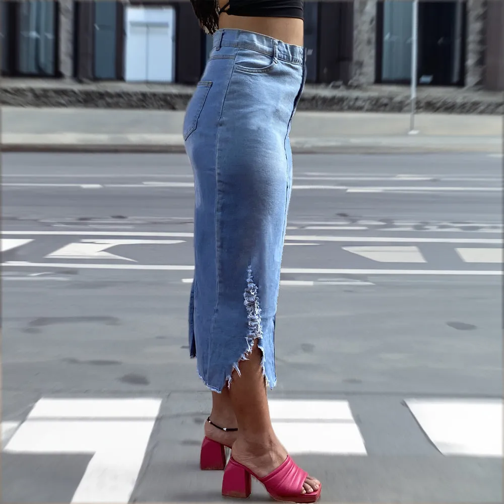 Denim Distress Pencil Midi Skirt