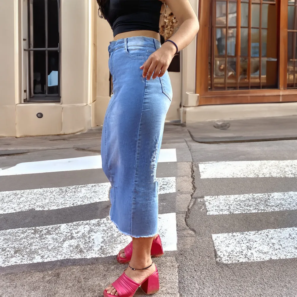 Denim Distress Pencil Midi Skirt