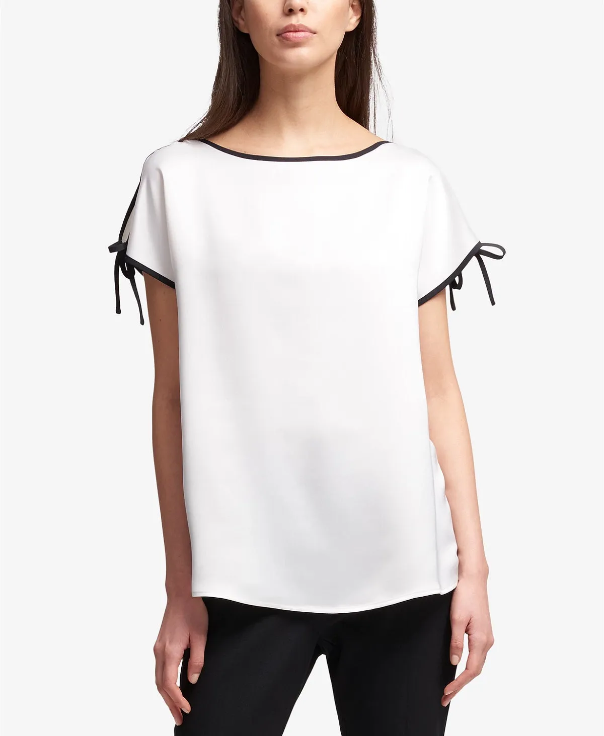 DKNY Women's Contrast-Trim Top, Ivory, XS