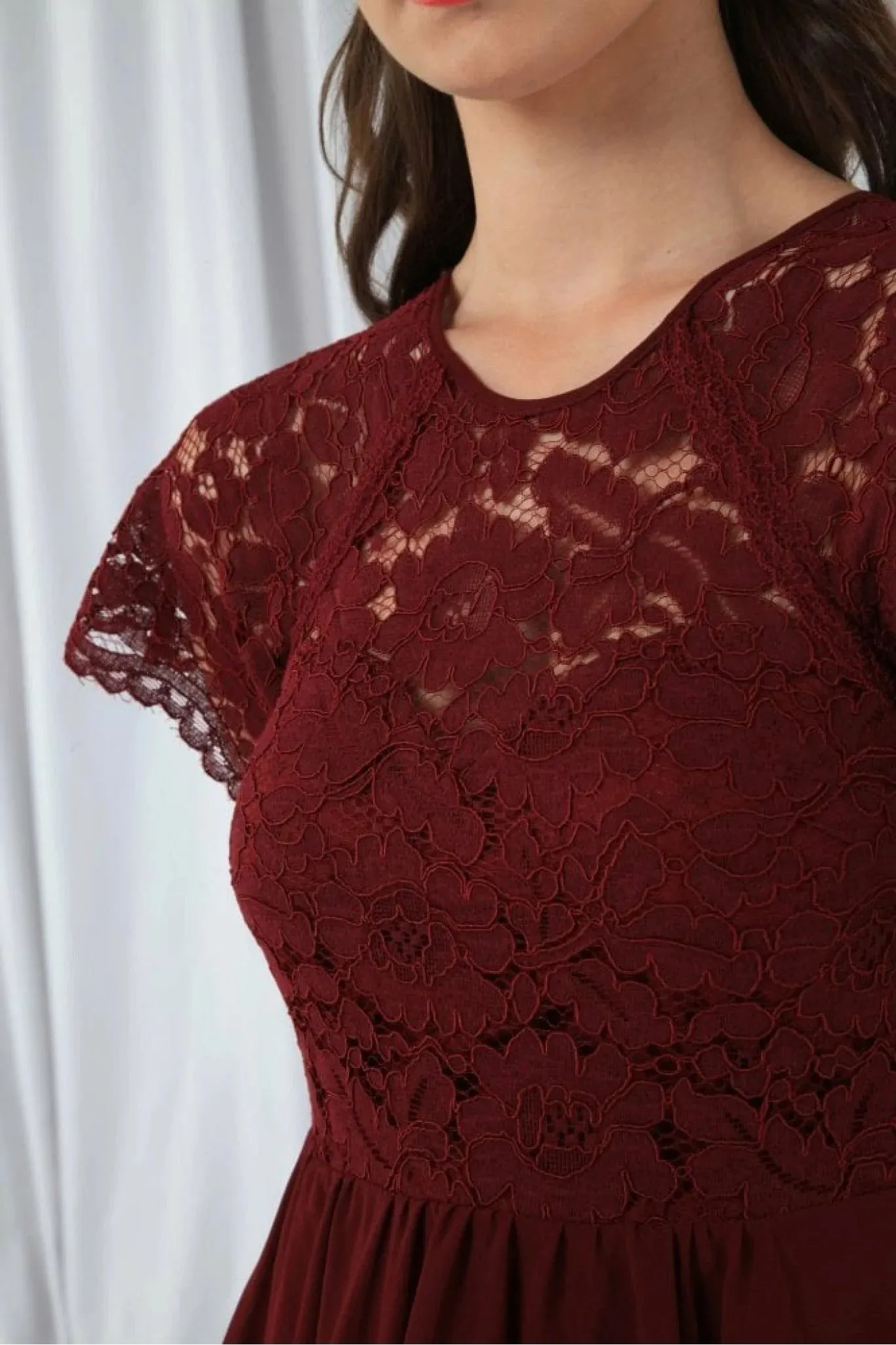 Double Second Burgundy Red Tiered Lace Dress