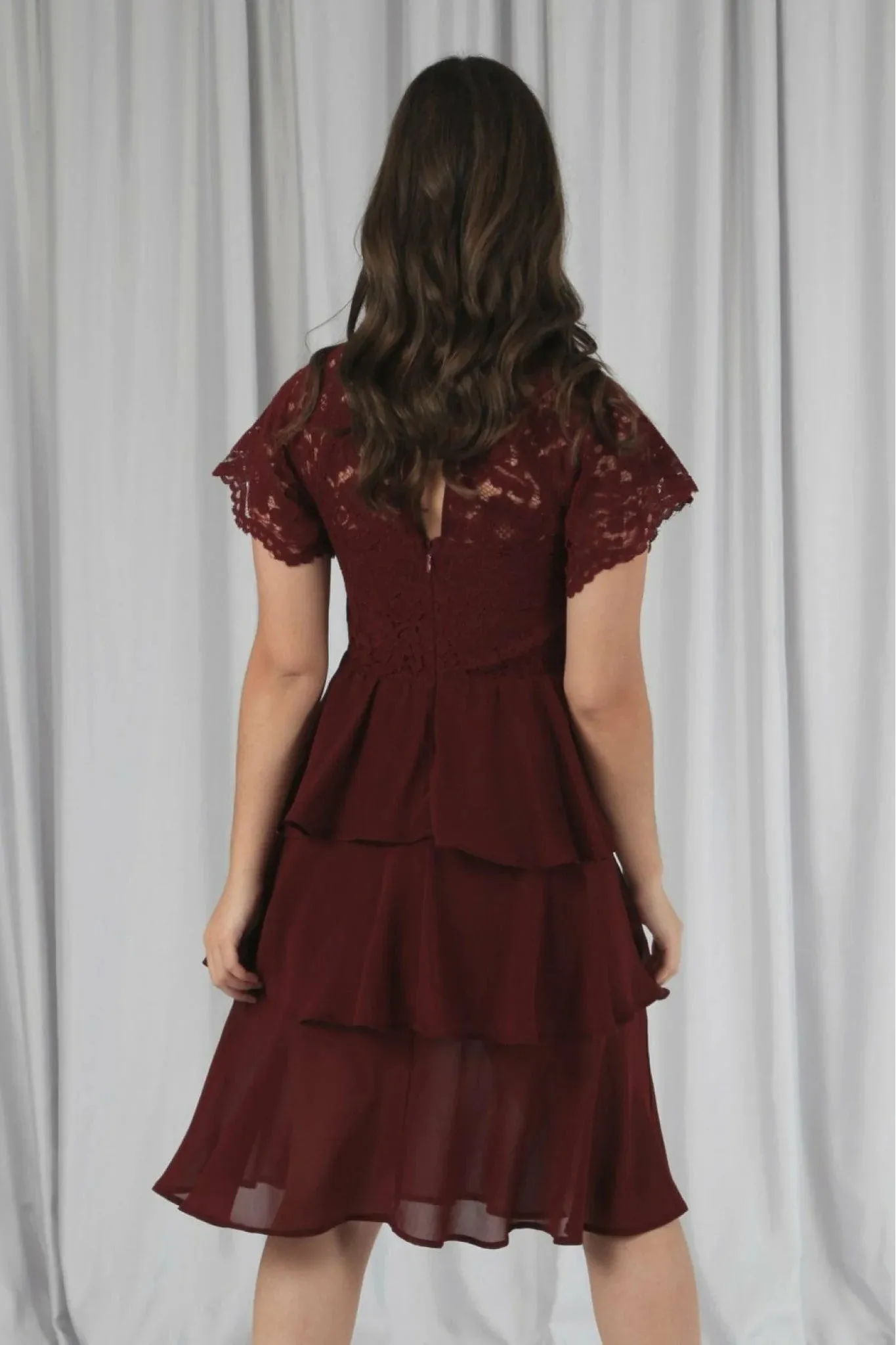 Double Second Burgundy Red Tiered Lace Dress