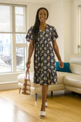 Double Second Navy Floral Keyhole Back Tiered Midi Dress